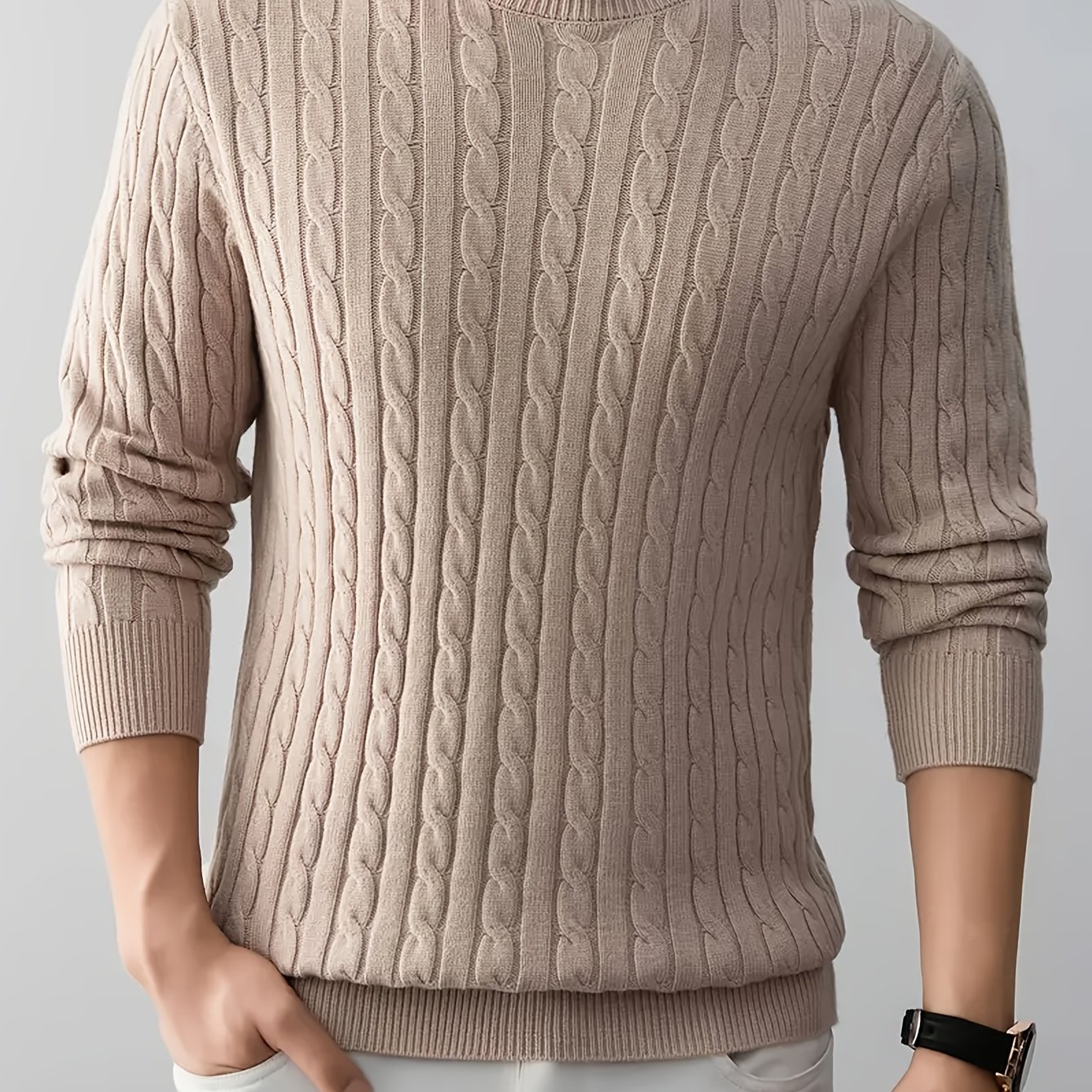 Image of Men's Autumn/winter Casual Cable Knit Round Neck Long Sleeve Pullover Sweater Top