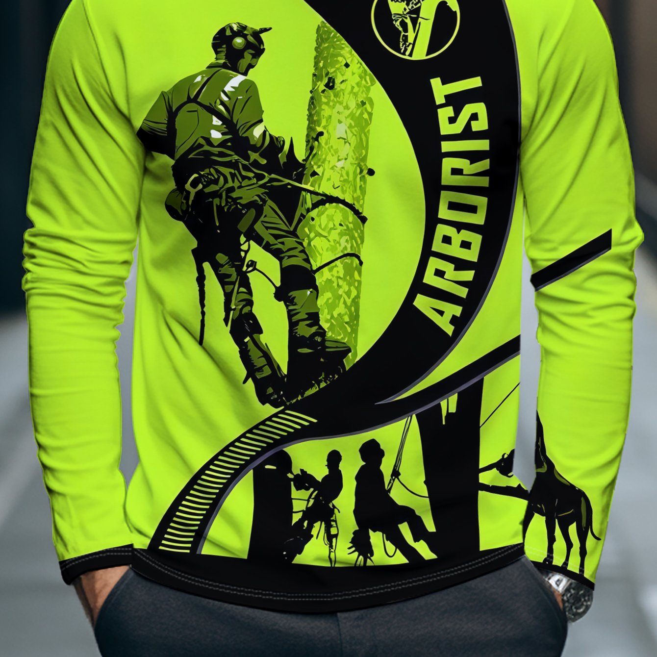 TEMU Men's Fashion T-shirt Featuring A Print Of Tree Trimming Workers On Background, With A Round Neck And Long Sleeves