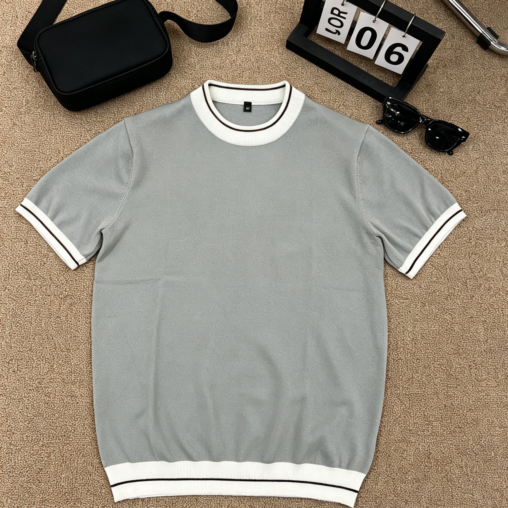 TEMU Men Classic Contrast Edge Knit Crew Neck Tee, Stretch Soft Short Sleeve Knit Shirt, Simple Versatile Slim Top For Daily Multi-scene Daily Look