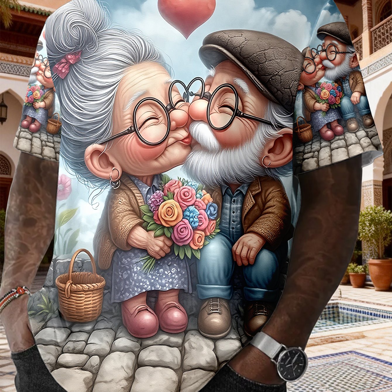 TEMU 1pc Spring, Summer And Autumn Casual Crew Neck Short T-shirt For Elderly Couples With Romantic Print - Short Sleeve Crew Neck Perfect For Summer