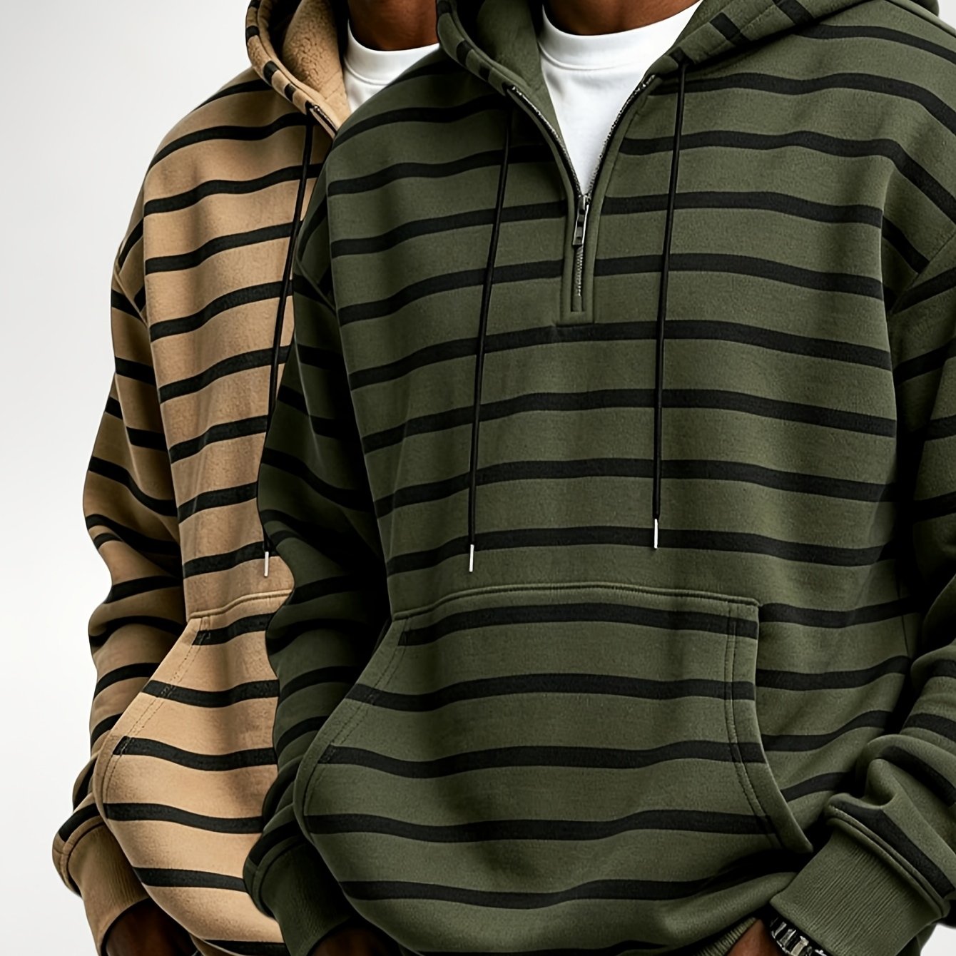 Image of 2pcs Men Striped Half Zip Lined Hooded Sweatshirts, Oversized Pullover Hoodies, Quarter Zip Sweatshirt With Kangaroo Pocket, Autumn Winter Casual Streetwear