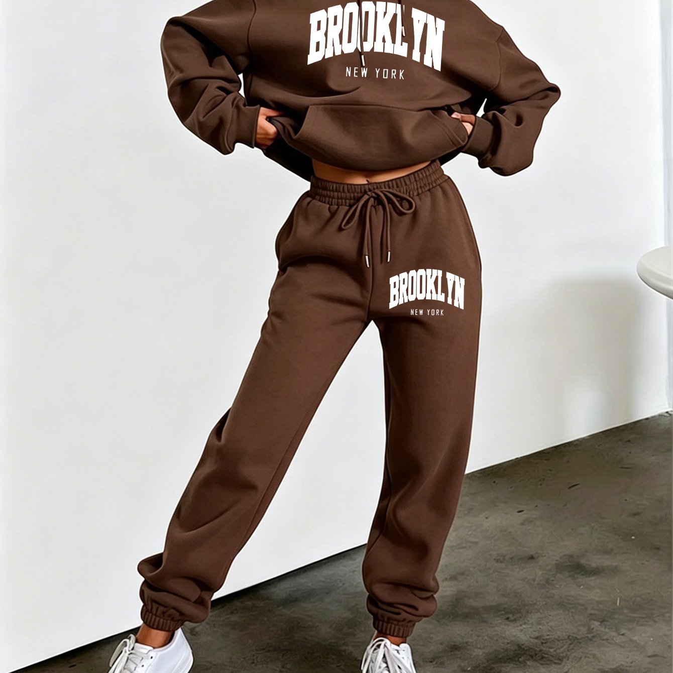 TEMU Autumn Winter Trendy Fashion Hooded Drawstring Sweatshirt And Joggers Women's Set "brooklyn " Printed Preppy Style Hooded Drawstring Design With
