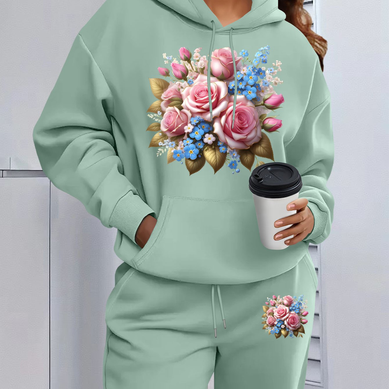 TEMU Pink And   Blue Flowers Printed Hoodie And Sweatpants Set | Comfortable, Stretchable Fabric, Suitable For Casual Wear