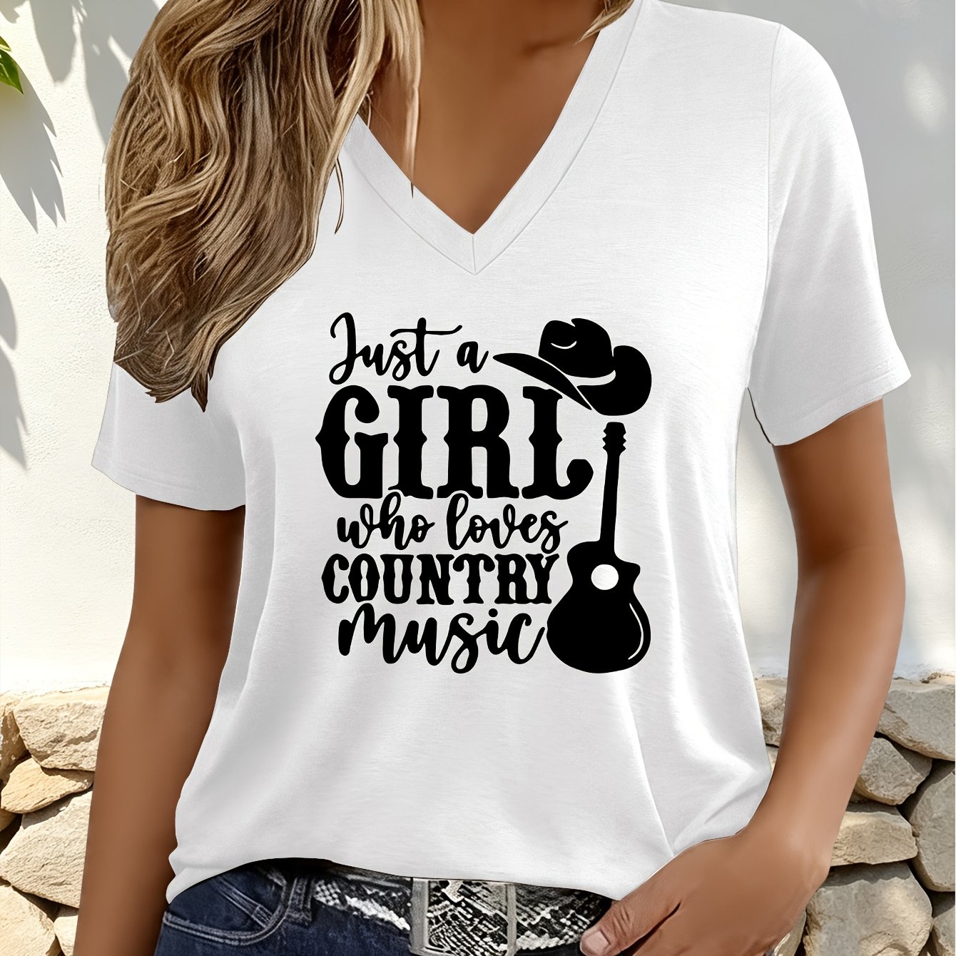TEMU Women's Country Music T-shirt "just A Who Country" With Guitar & Cowboy Hat Print - V-neck Short Sleeve Casual Top, Spring Summer Blouse Tee