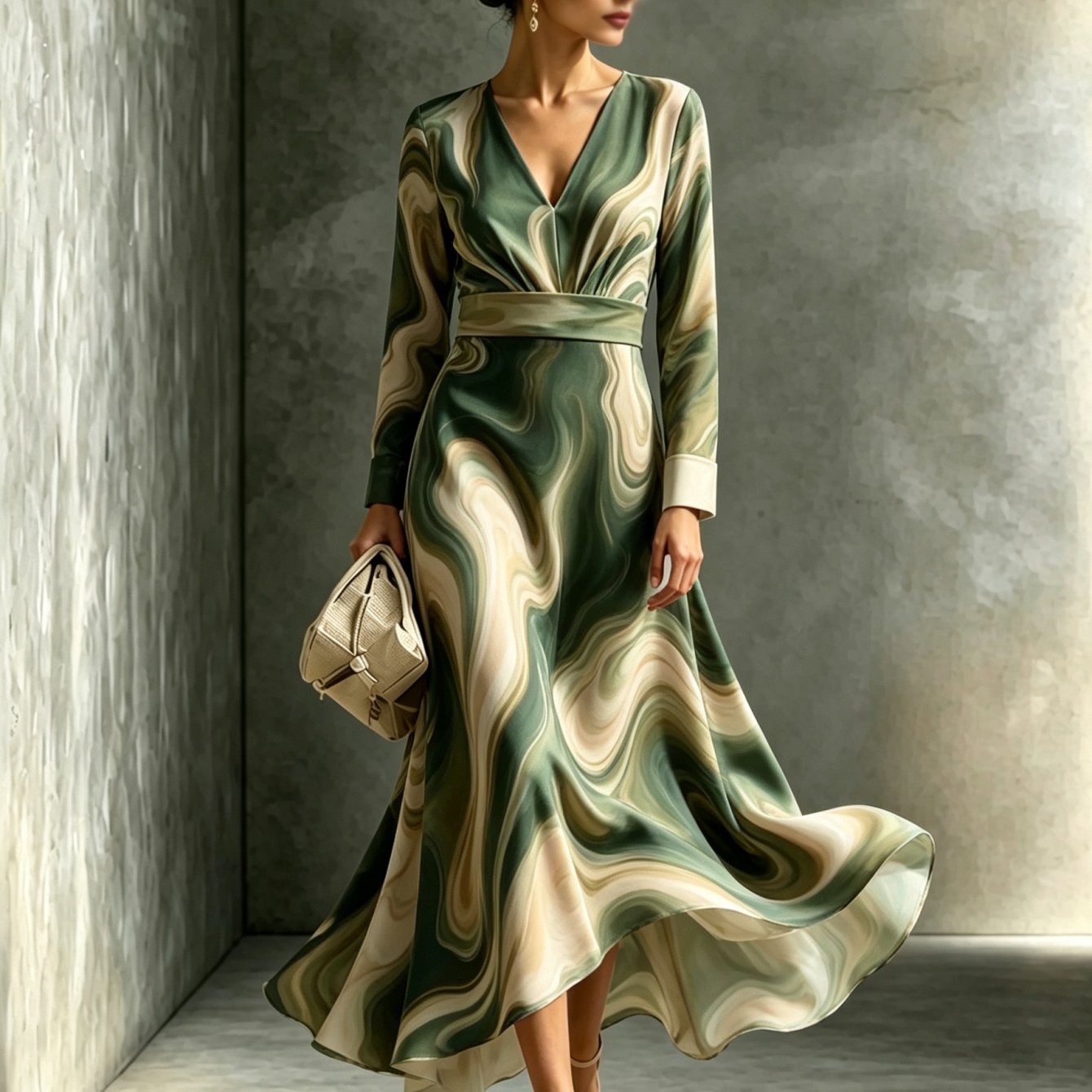 Autumn Winter Long Sleeve Casual Women's Dress Elegant V-neck Long Dress Fluid Marble Print Gown Daily Vacation Outfit Slim Fit Ladies Flowy Long Dress For Formal Occasion Wedding Guest Evening Event