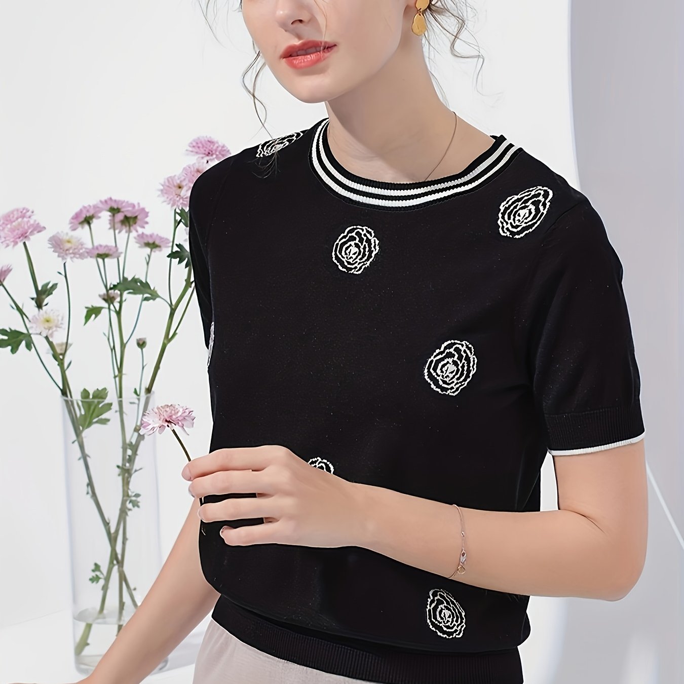 TEMU Plus Size, Spring/summer New Elegant Fashion High-end Contrast Color Round Neck T-shirt Women's Casual Versatile Top