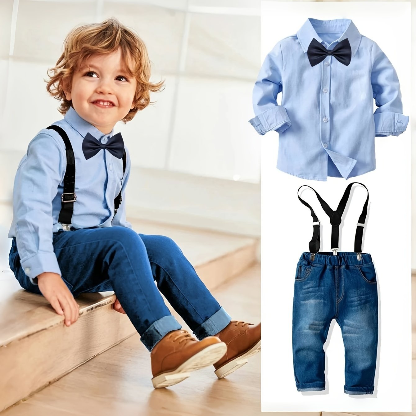 Image of Boys Spring Autumn Winter Long Sleeve Back To Suit Shirt Jeans 2pcs Set Boy Casual Formal Suit Suitable For Photoshoot