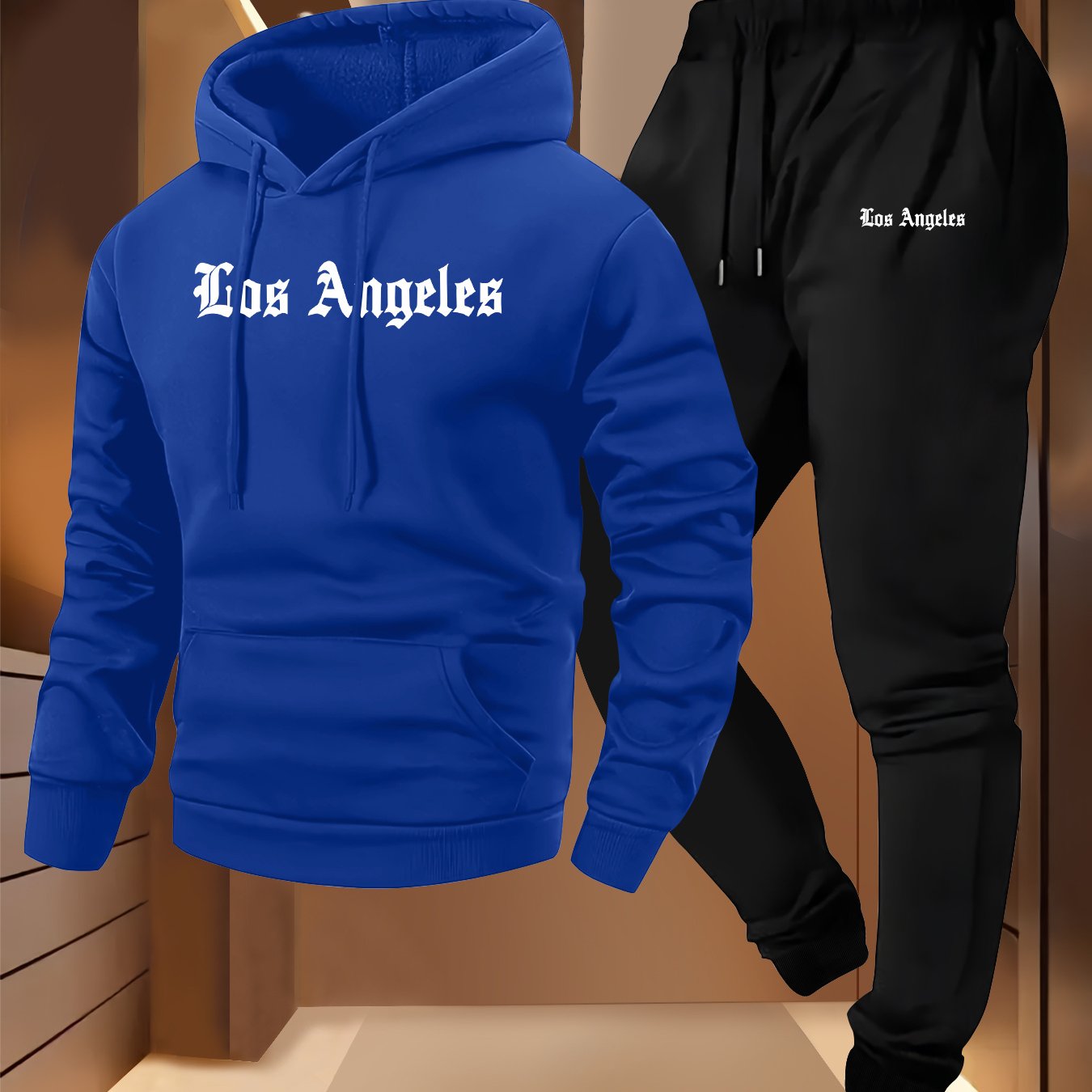 TEMU Los Angeles Print Men's Long-sleeve Hooded Sweatshirt Two-piece Set, A Stylish And Trendy Casual Sports Outfit
