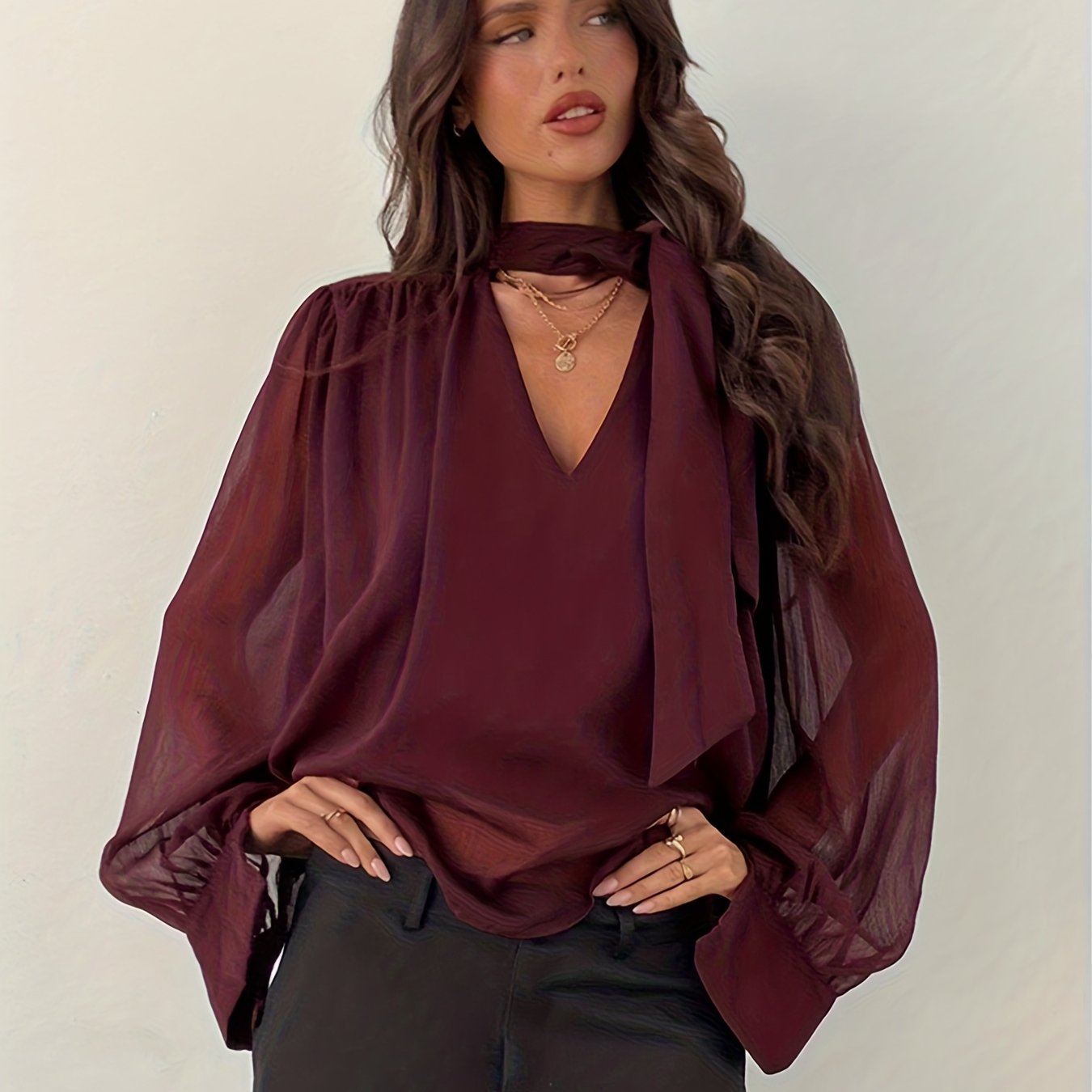 E-shop [NS702] Damen Bluse mit V-Ausschnitt, langen Ärmeln, neu, amerikanisch, Hot, einfarbig, transparent, Laternenärmel, lockere Bluse