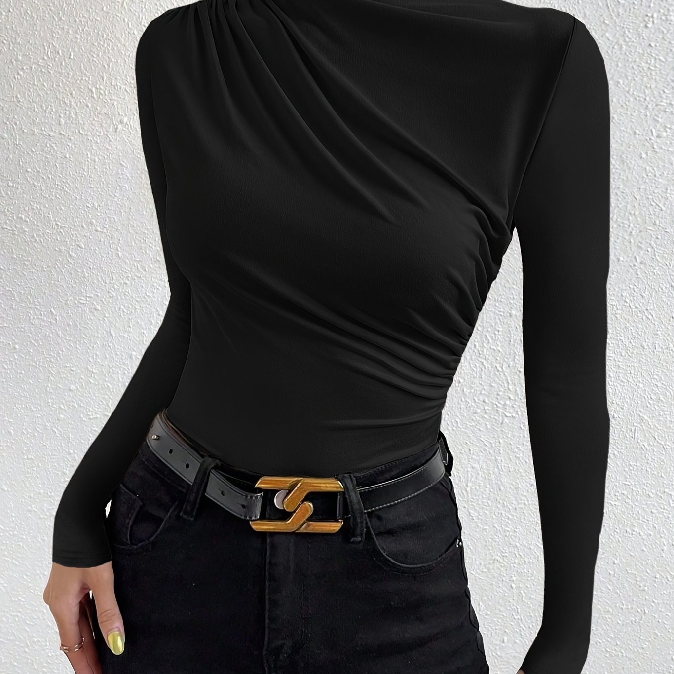 TEMU Elegant Women's Long Sleeve T-shirt With Chest Wrinkle Detail - Slim Fit Medium Stretch Solid Color Top, Machine Washable Versatile Shirt For