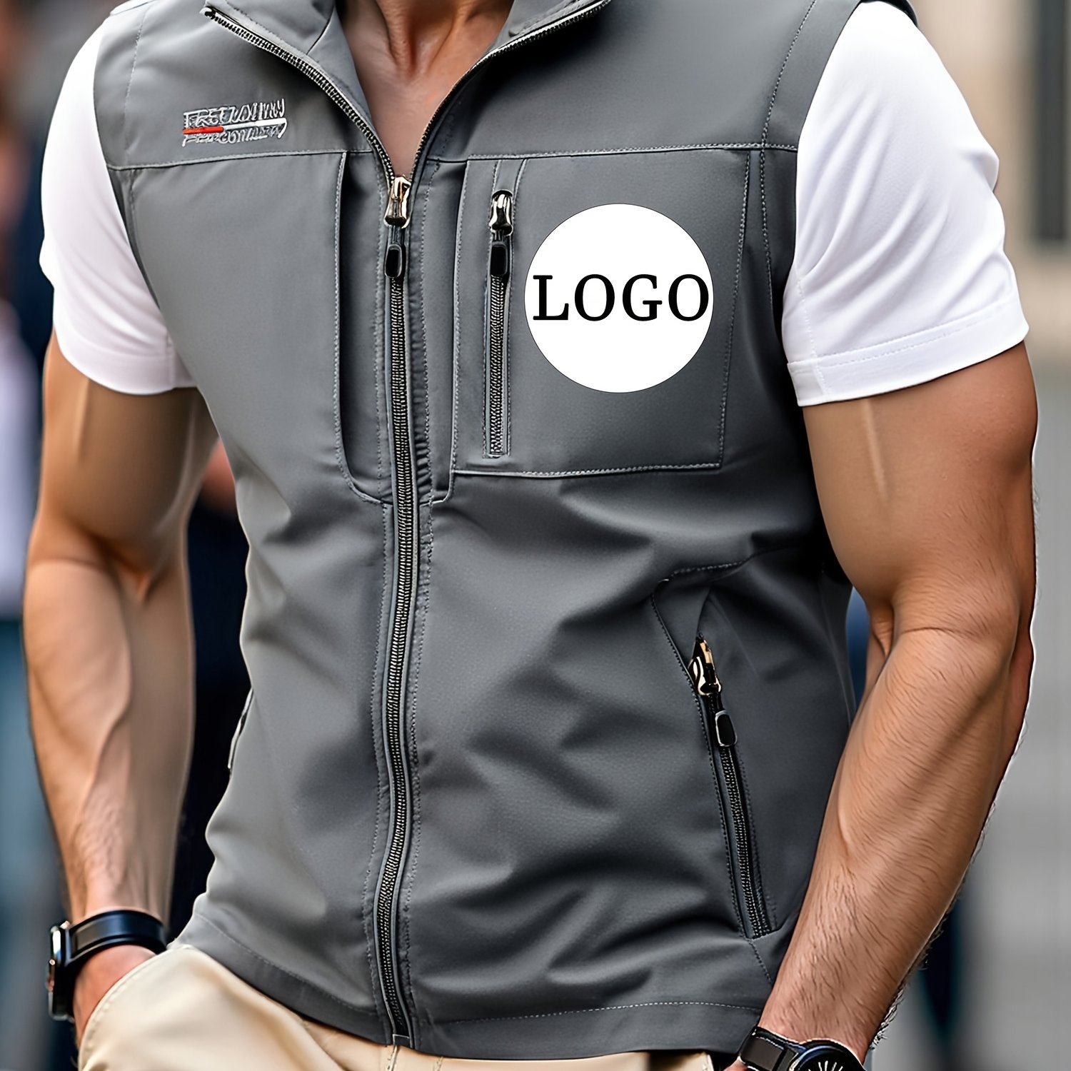 TEMU Men's Custom Logo/embroidery/vibrant Logo Transfer Print Vest - Personalized Name/logo, Sleeveless Jacket With Stand Collar, Multi- Outdoor