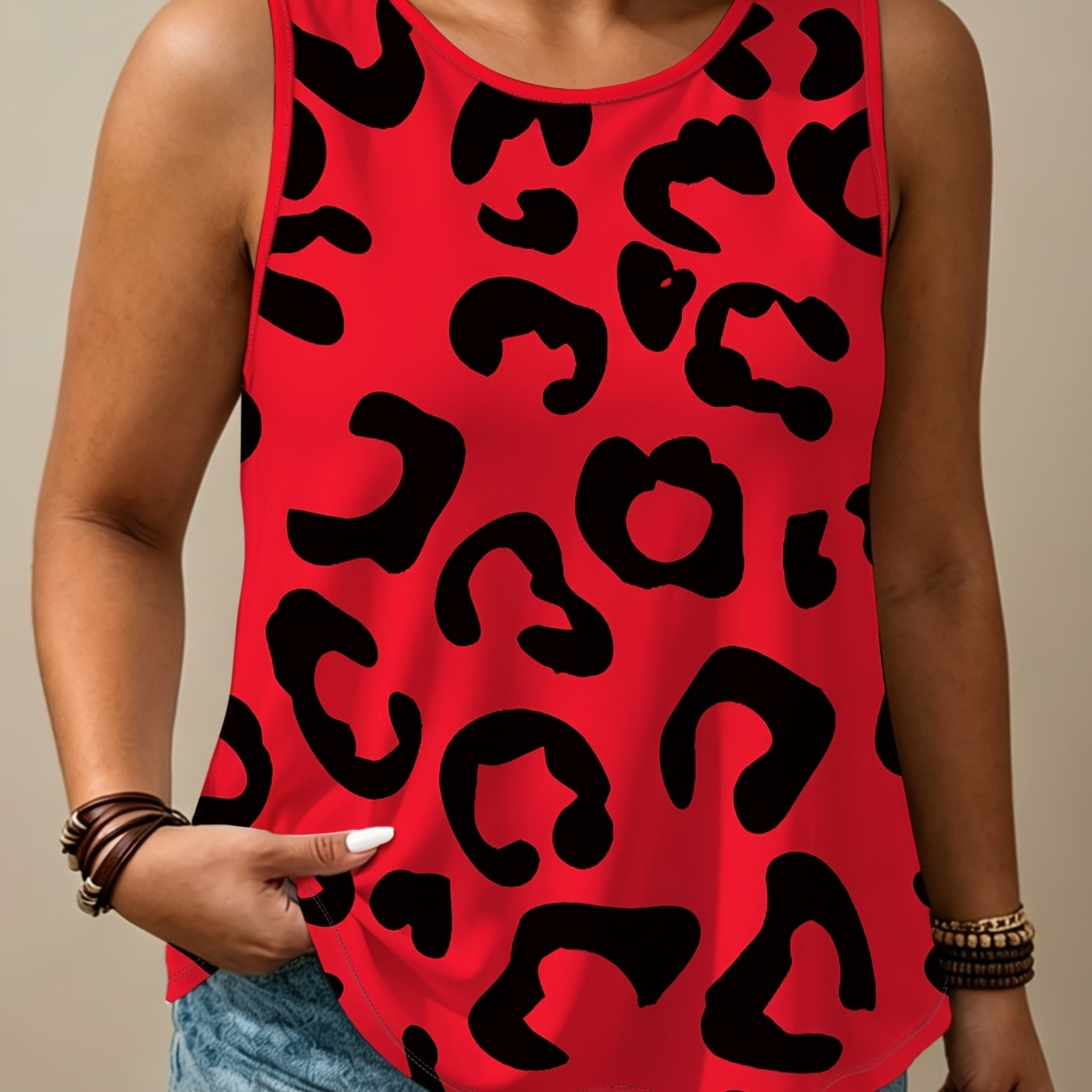 TEMU Red And Print Sleeveless Vest, Plus Size Women's Loose , Summer Autumn Fashion Casual Versatile Base Layer