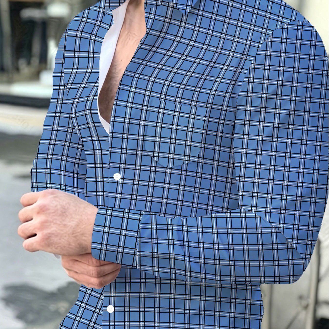 TEMU 1pc Printed Design - Not Textured Blue Men's Plus Size Fashion Long Sleeve Shirt, New Casual Pocket Shirt, Casual Mature Elegant Gentleman