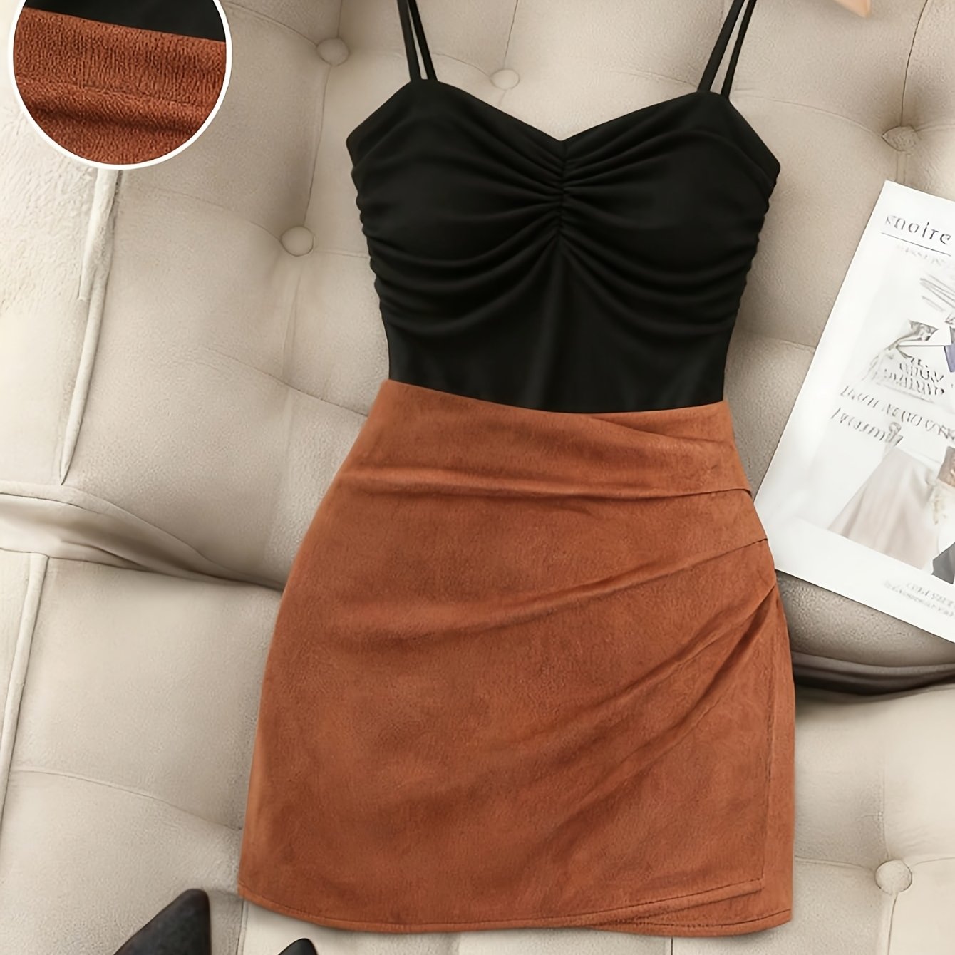 TEMU Women's Elegant And Versatile Commuter Color Block Halter Dress