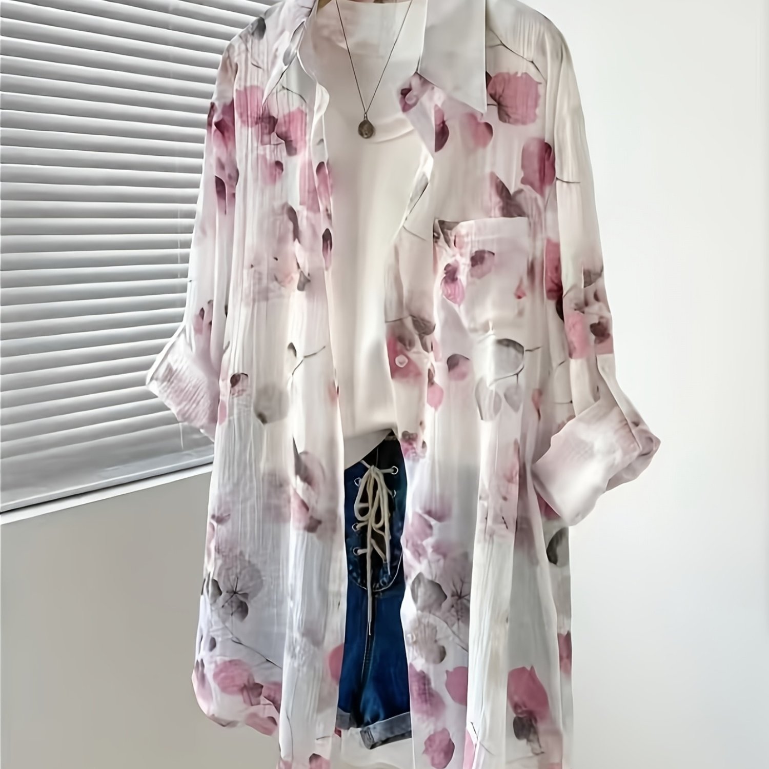 TEMU Plus Size - Women's Plus Size Mid-length Ombre Vintage Temperament Print Button-up Cardigan Chic Blouse, Sense Loose Long Sleeve Country Shirt