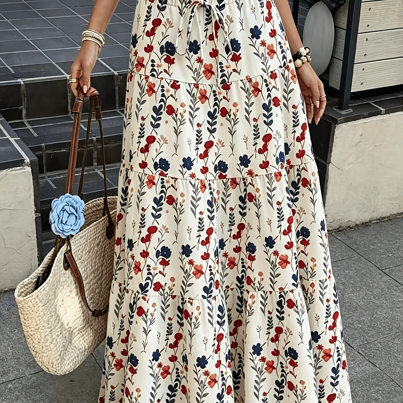 TEMU Women's Autumn Vacation Country Style Floral Long Half Skirt, Daily, Outing Wear, With Drawstring Detail, Spring Summer Fall Winter