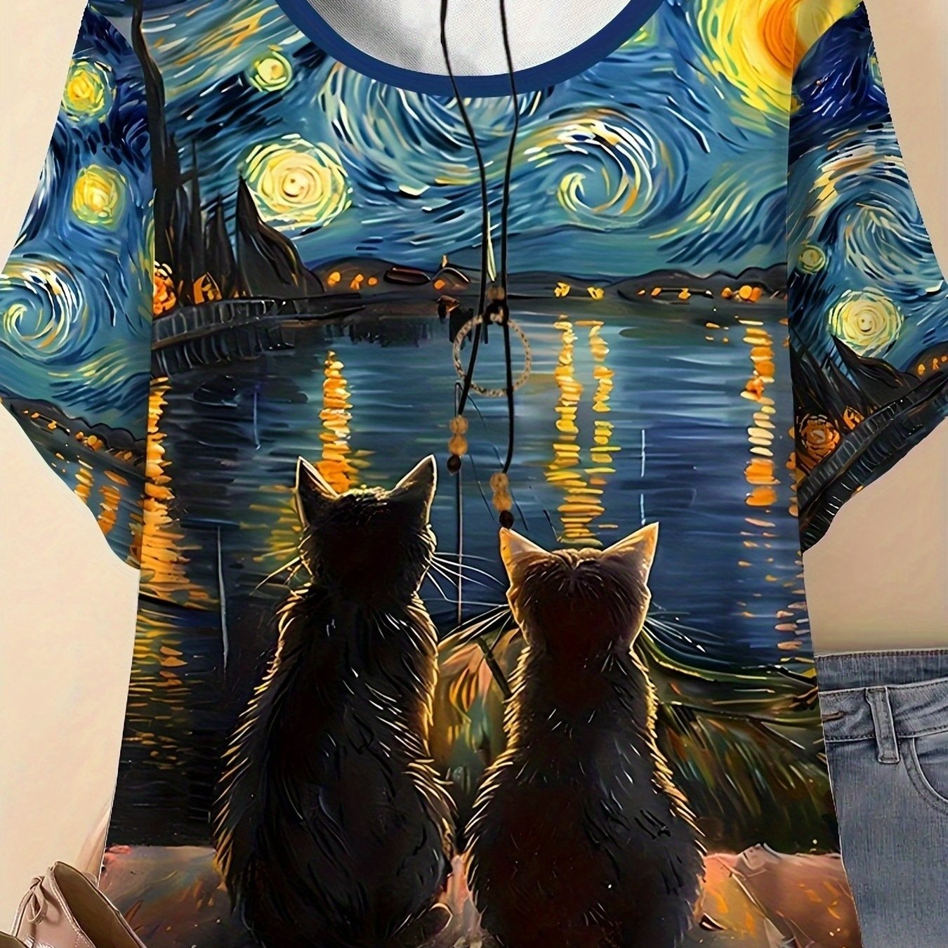Image of Plus Size, Casual Elegant Style Women's Round Neck Plus Size Short Sleeve T-shirt With 3d Printed Cat And Starry Sky Pattern
