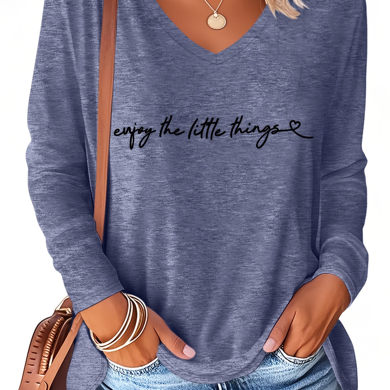 TEMU Plus Size - Plus Size - And Summer Plus Size Women's Fashion Letter "enjoy " V-neck Long-sleeved T-shirt, Rayon Component - To Care For, Machine