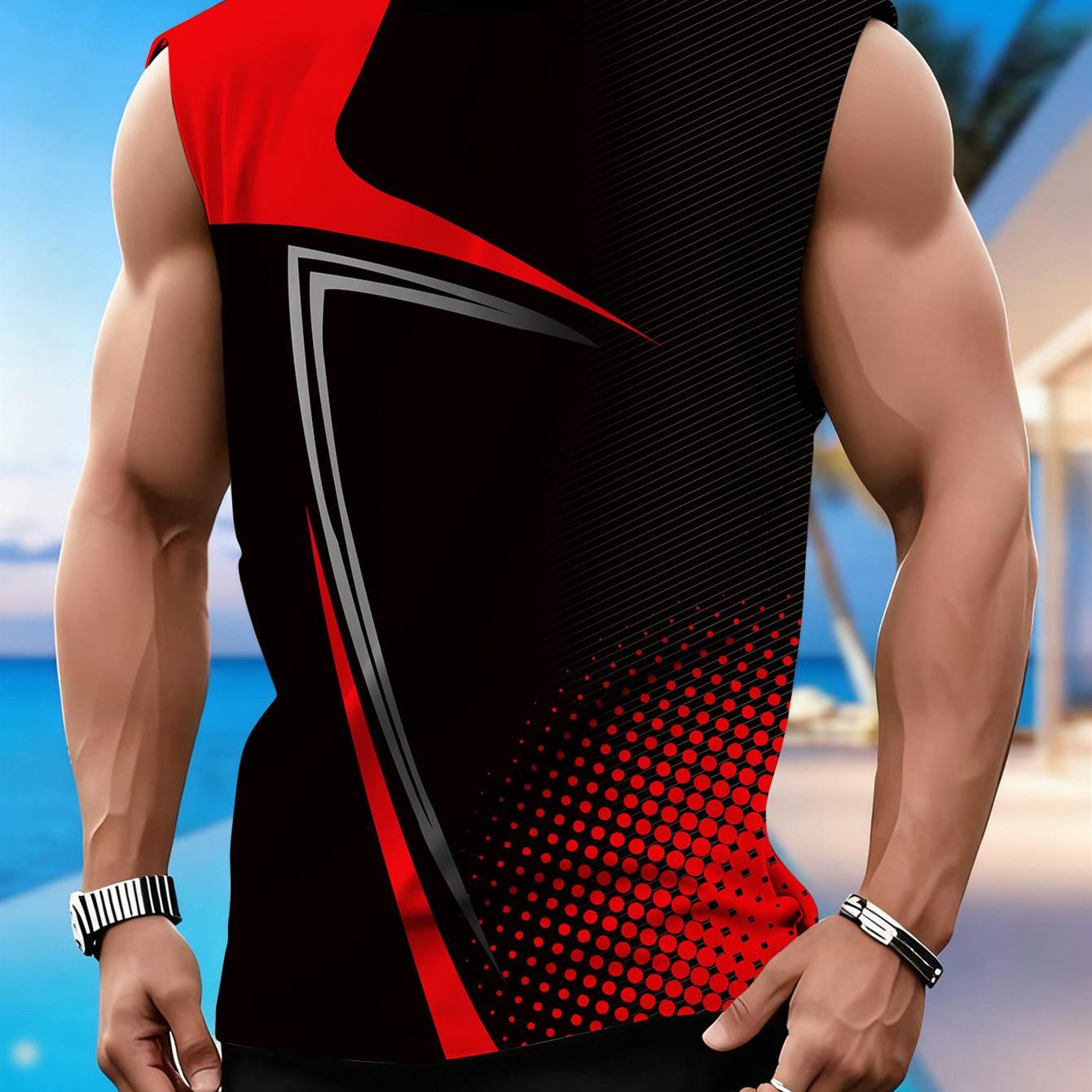 TEMU Men's Casual Vest, Black Red Contrast Sleeveless Top, Geometric Polka Dot Print, Suitable For Summer Fitness, Running, Beach , And Casual Wear -