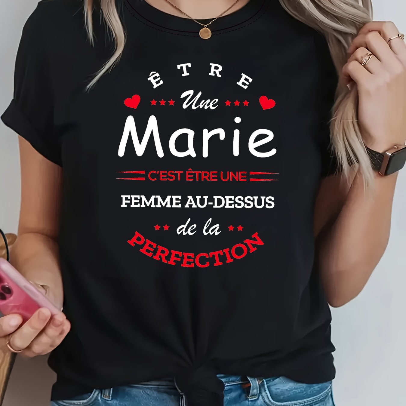 TEMU T-shirt imprimé lettres "Marie Perfection" | T-shirt décontracté à manches courtes et col rond pour femmes, printemps-été, loisirs quotidiens,
