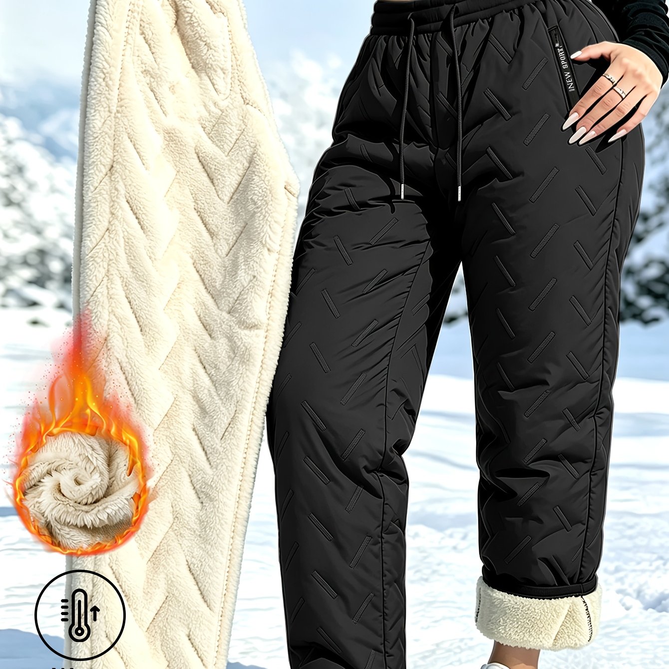 TEMU Women's Winter Outdoor Long Pants, -lined Thickened Thermal Pants With Zippered Pockets And Waist Drawstring, Warm And Comfortable, Suitable For