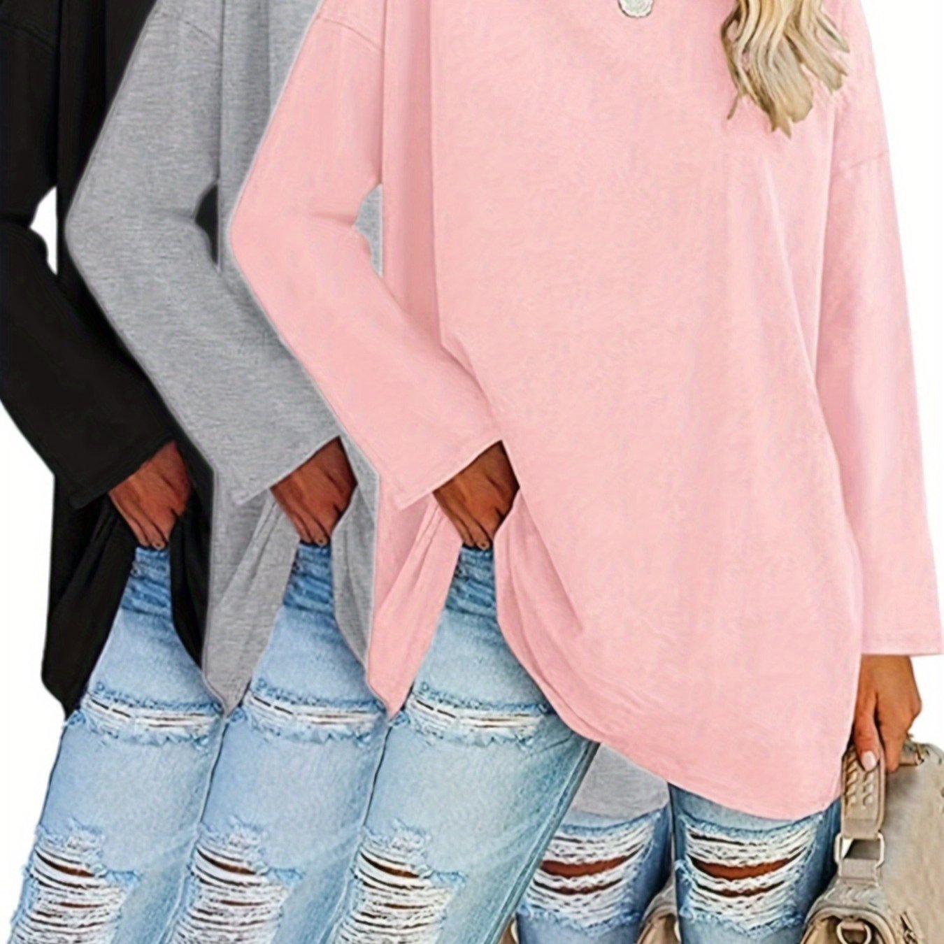 E-shop 3 Stück Damen Langarm T-Shirt, Rundhalsausschnitt, Uni-Farbe, Midilänge für Frühling Herbst