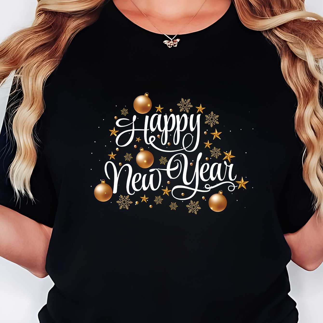 TEMU Plus Size Women's Round Neck Short Sleeve T-shirt 0xl-8xl Happy New Year Snowflake Star Artistic Letter Print Top, New Year's Eve Party Holiday