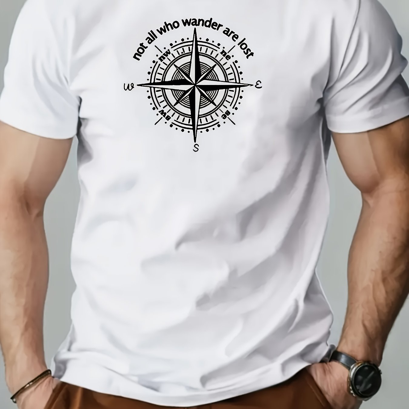 TEMU Men's Casual Summer T-shirt With Compass & - Short Sleeve, Round Neck, Lightweight Polyester, Outdoor Activities, Outdoor Tshirt | Compass