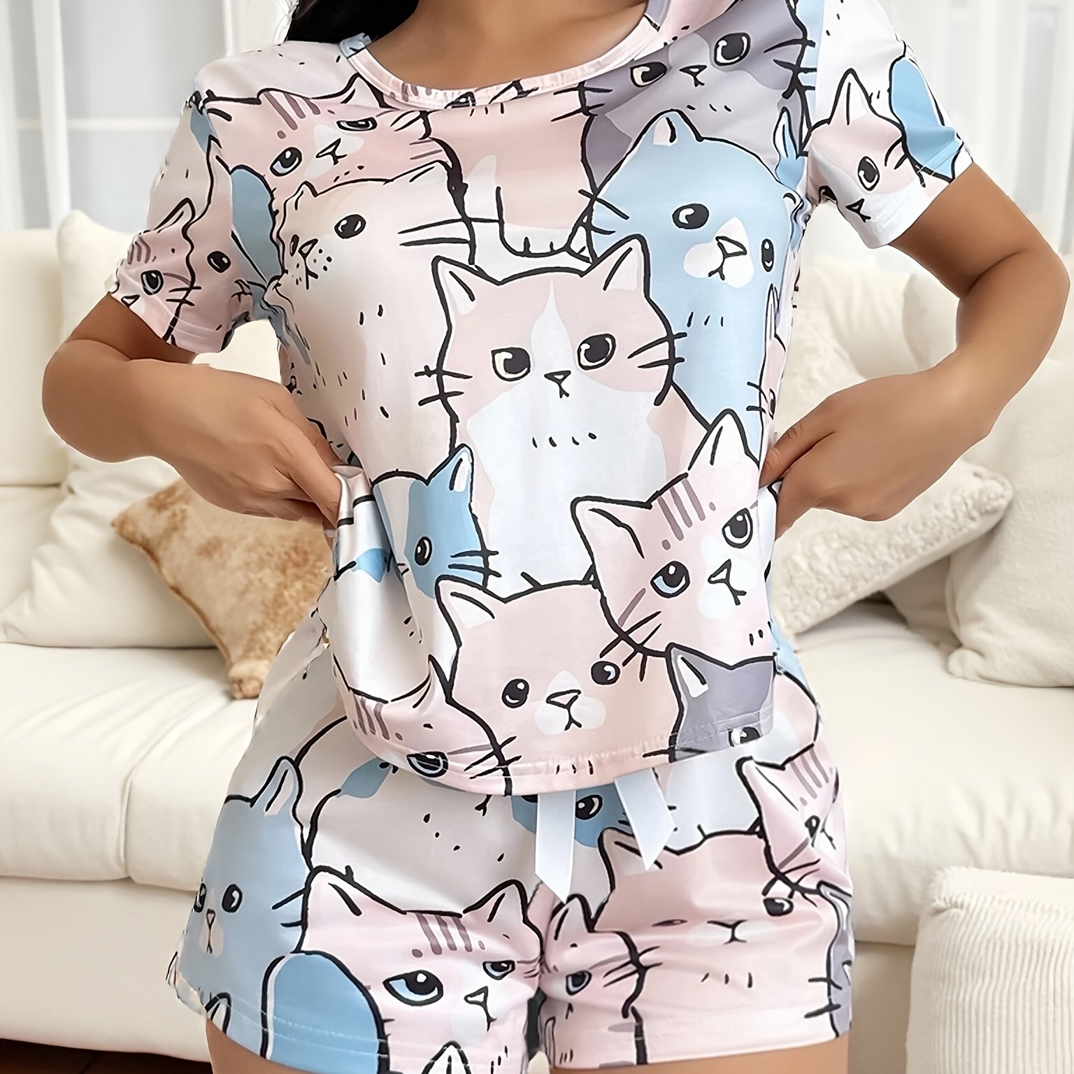 TEMU Ins Cute Cat Print Family Matching Pajama Set For Women, Adorable Pajama Set