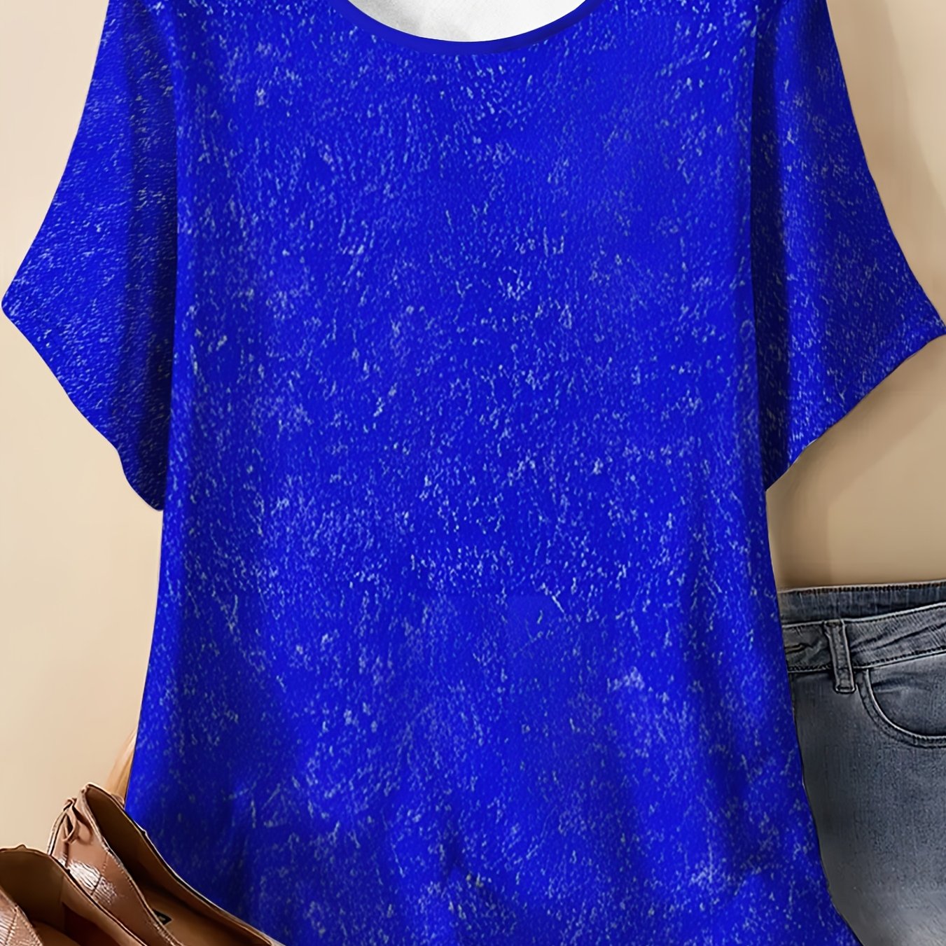 TEMU Mottled Texture Print Short Sleeve Crew Neck T-shirt, Loose Fit Oversized Casual Versatile Women's Top