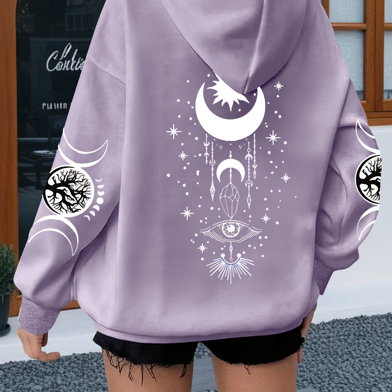 TEMU Sweat à capuche ample pour femme grande taille, motif bohème soleil, lune, , croissant , cristal, œil du mal, ligne fine
