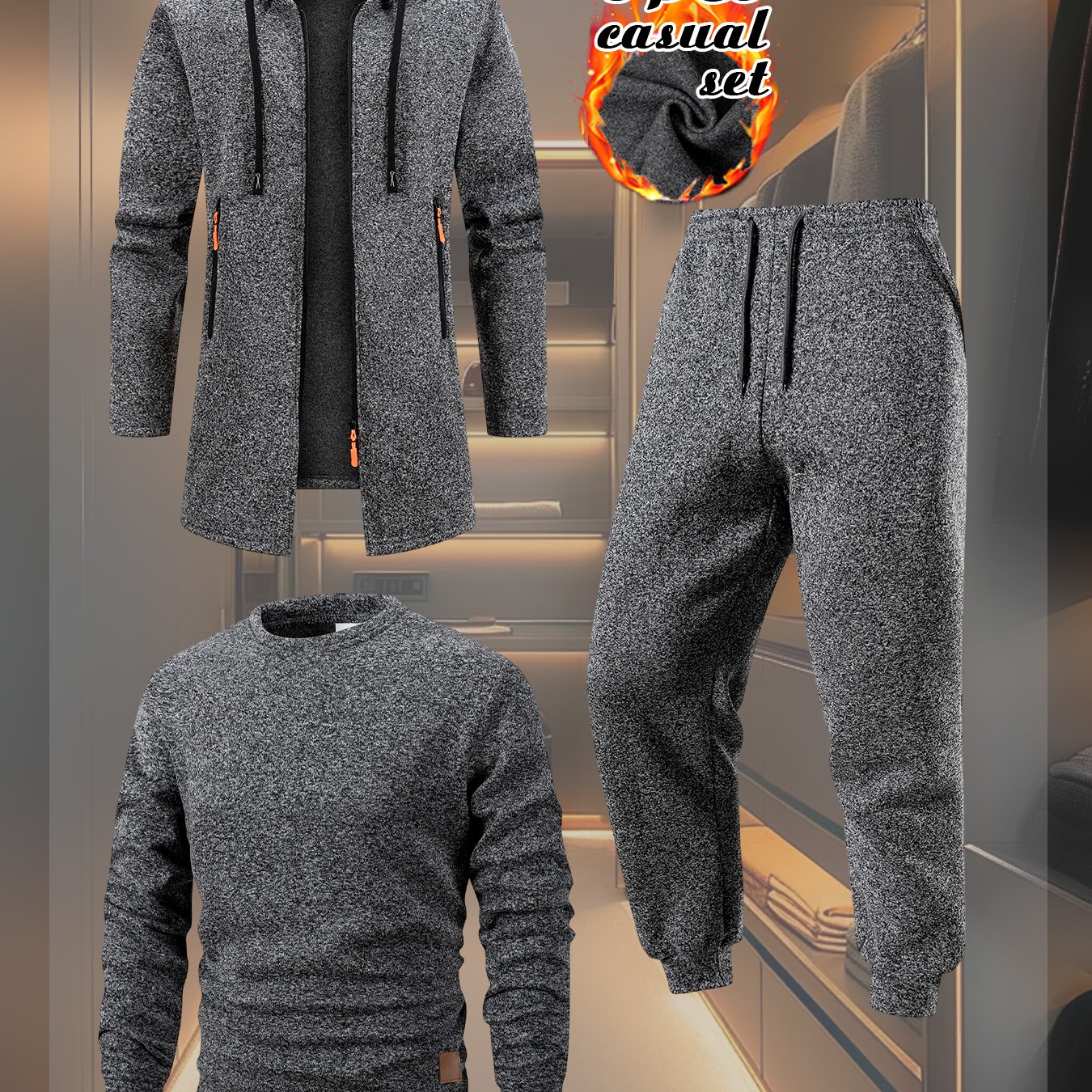 TEMU 3pcs Set Men's Winter Fleece-lined Thickened Hooded Jacket Warm Sweatshirt And Casual Long Pants Outfit Spring Autumn Outdoor Daily Warm Casual