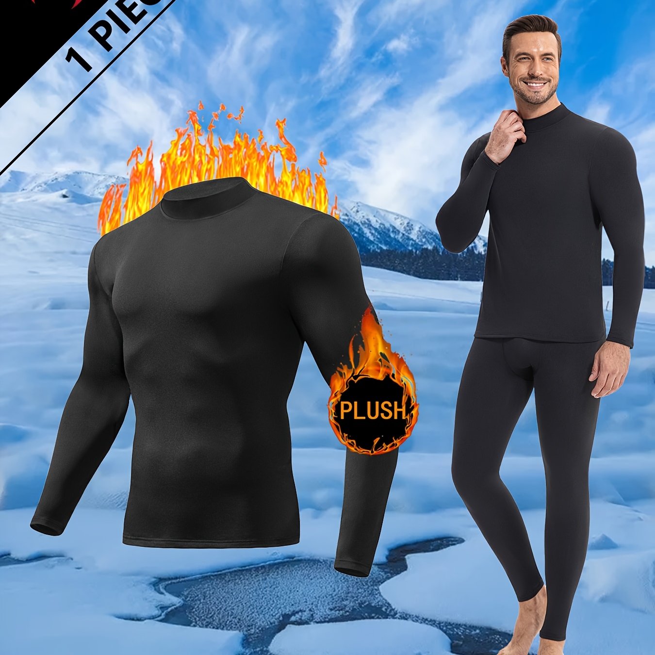 TEMU 1pc Of High Neck Men's Thermal Underwear Suitable For Blue Ball Fitness Exercise And Running As A Base Shirt, Pajamas For Outdoor Skiing And