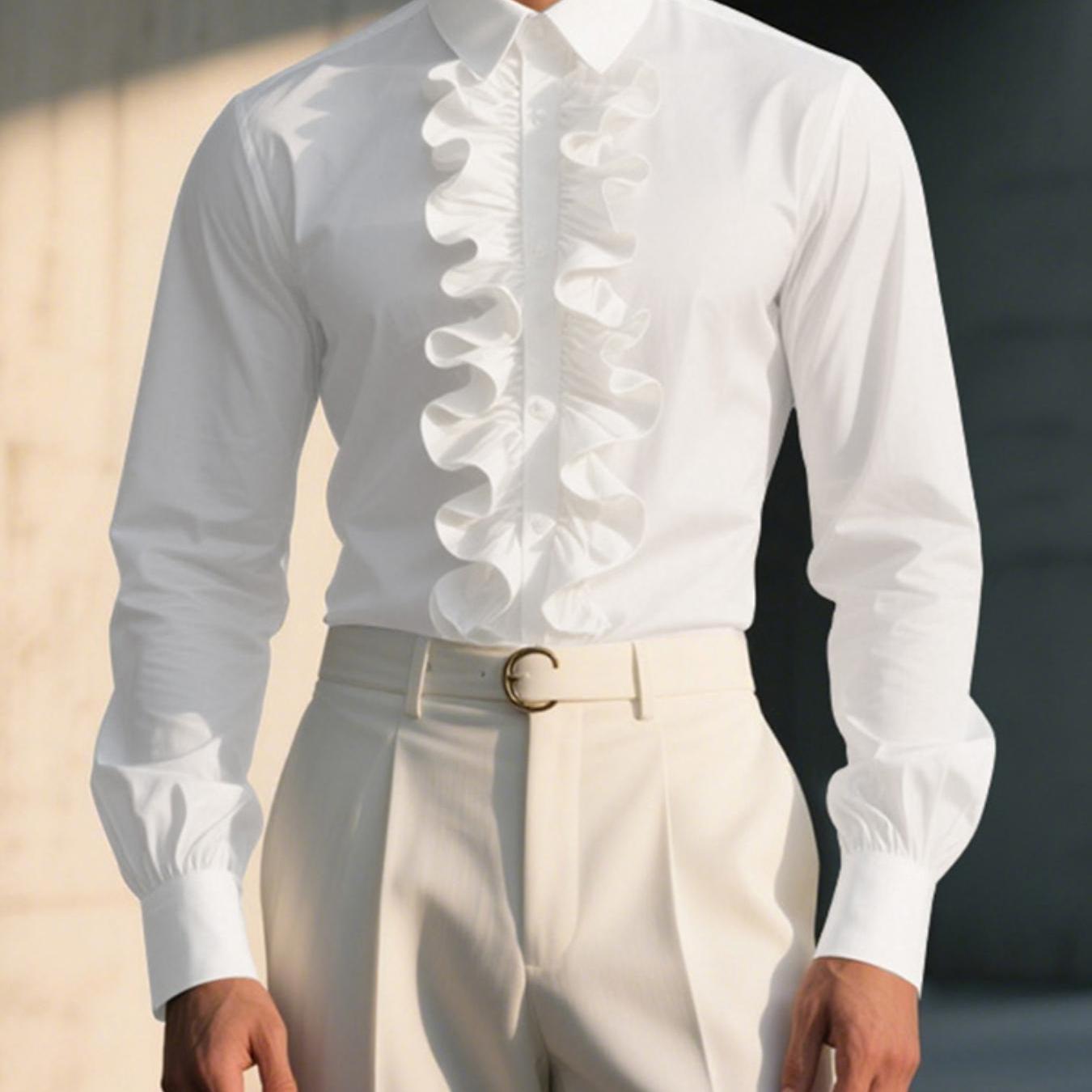 TEMU Camisa de solapa con hebilla novedosa para hombre, camisa holgada y de larga con botones frontales y diseño elegante de volantes para hombre,