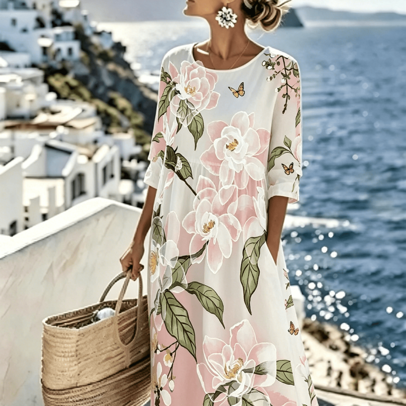Image of Women's Summer New Half-sleeve Dress, With Pink Large Flower & Print, Round Neck Waist A-line Skirt, Loose Casual Vacation Long Dress