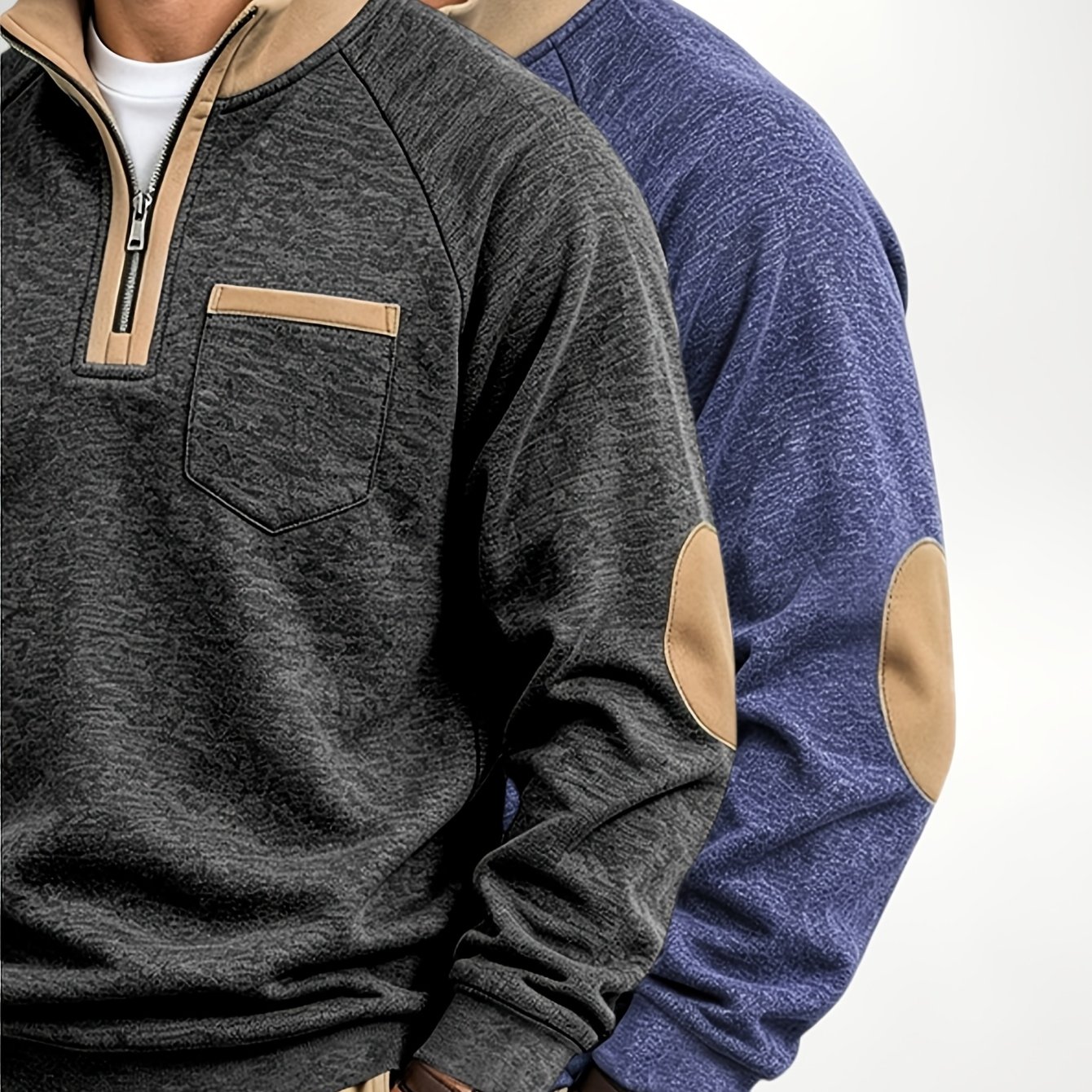 Image of 2pcs Men's Quarter Zip Pullover Sweatshirts, 1/4 Zip Stand Collar Hoodie With Pocket, Elbow Patch Sweatshirt, Color Block Raglan Sleeve Tops, Autumn Winter Warm Shirts, Casual Outdoor Blouses