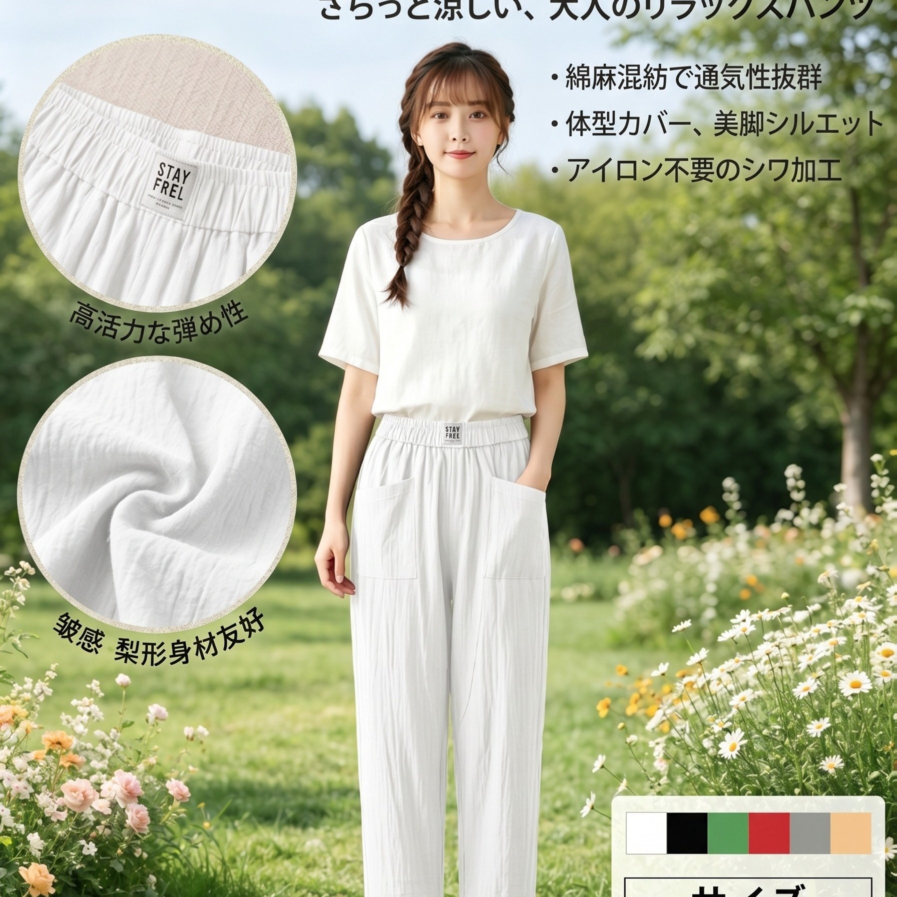 TEMU レディース 夏新作 クールタッチ リネンブレンド ハーレムパンツ フルゴムウエスト しわ加工 足首丈ドパンツ 体型を整える太ももカバーデザイン ポケット付き 超通気性 カジュアルボトムス