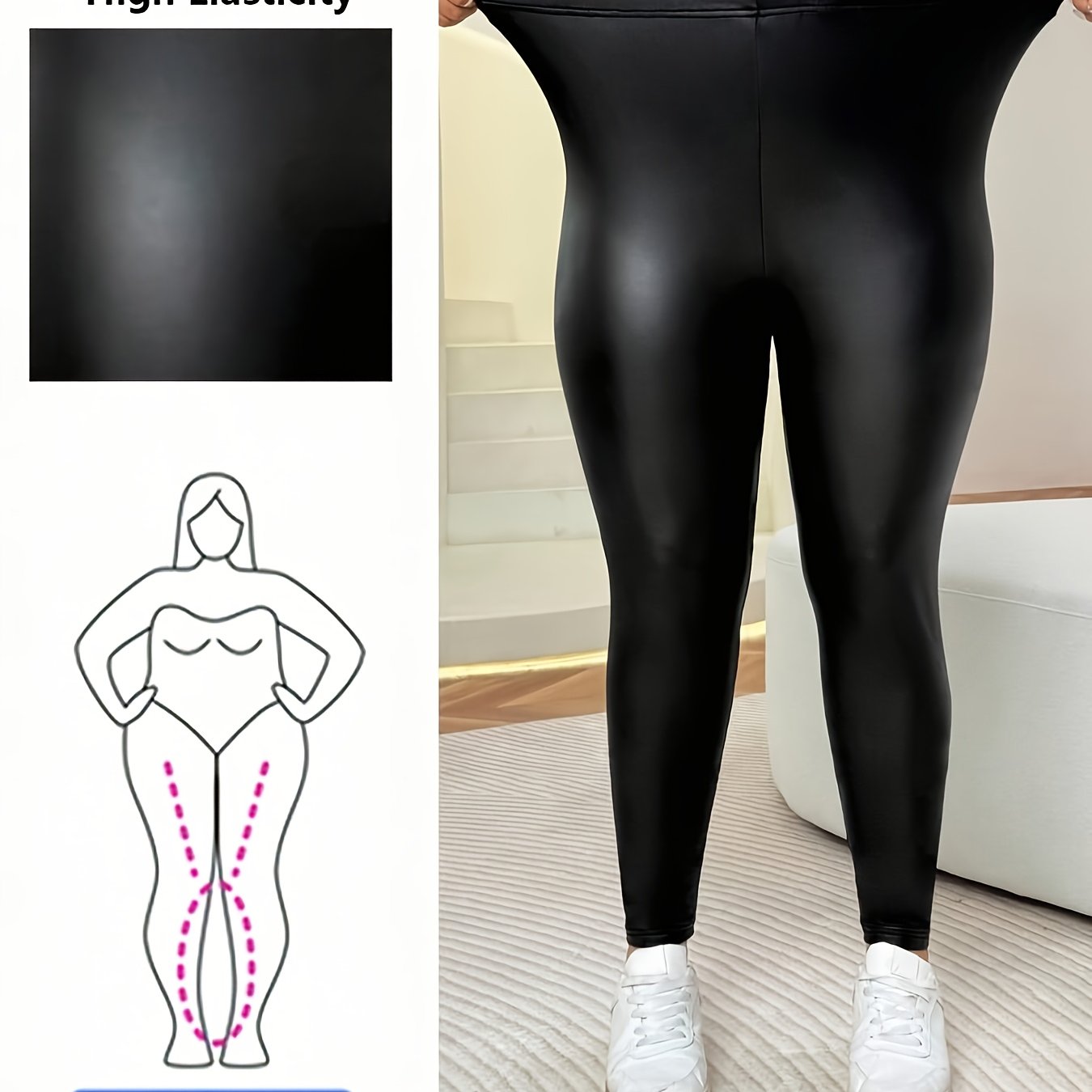 E-shop Plus Size - Plus Size - Plus Size Schwarze, minimalistische Leggings in Unifarben, Alltags-Leggings in Übergröße, Herbst/Winter, Herbstkleidung