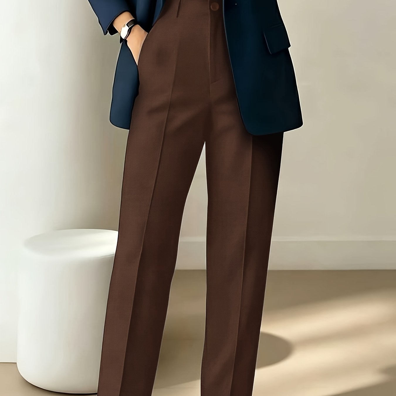 TEMU Women's Trousers, High-waisted With Button-tacked Flap Pockets, Zippered Side Pockets, And Straight-leg Cut. Solid-color, Fashionable, Casual,