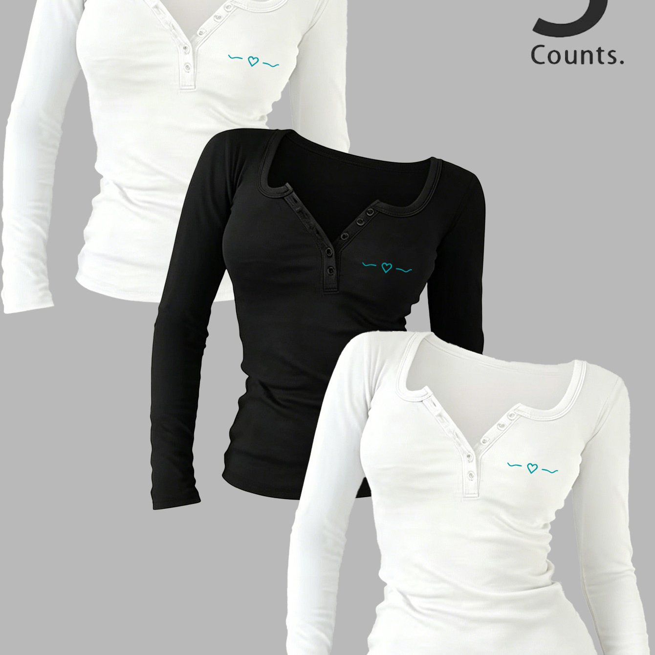 TEMU 3pcs Set Women's Henley Long Sleeve Base Tops, Slim Fit, Versatile Inner Wear For Daily