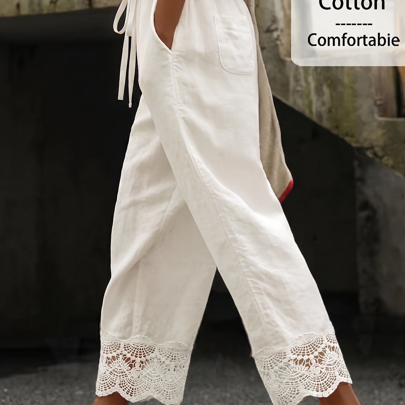 Image of Plus Size - Autumn Winter Women's Plus Size -like Lace Wide-leg Pants, Drawstring Elastic Waist Casual Ankle Trousers, Suitable For Daily And Vacation Wear