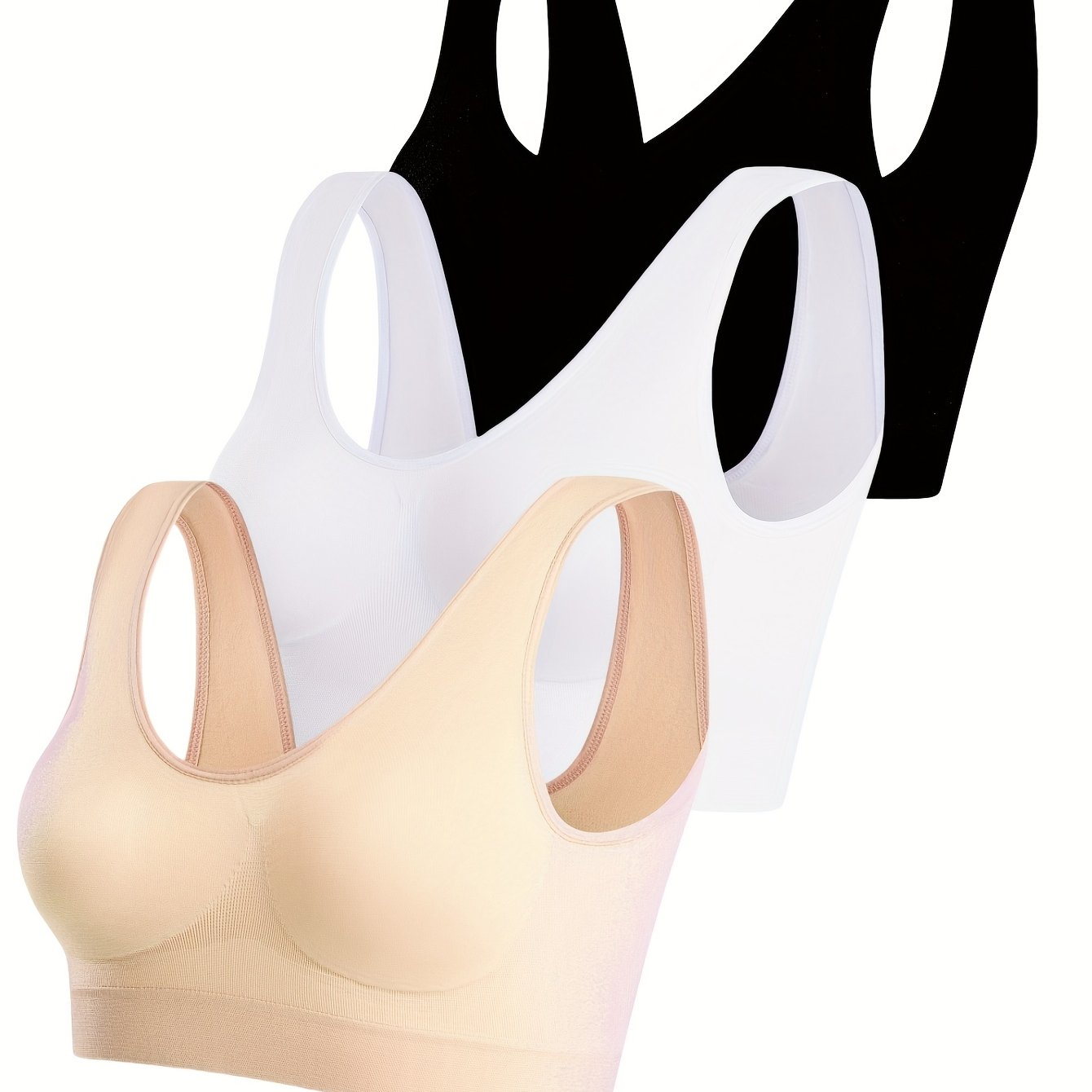 3pcs Women' Sports Bras - Thin Single-layer No Padding Ribbed Nylon Vest Style, Elastic Breathable Backless Design For Gym, Yoga & Casual Wear (/beige)