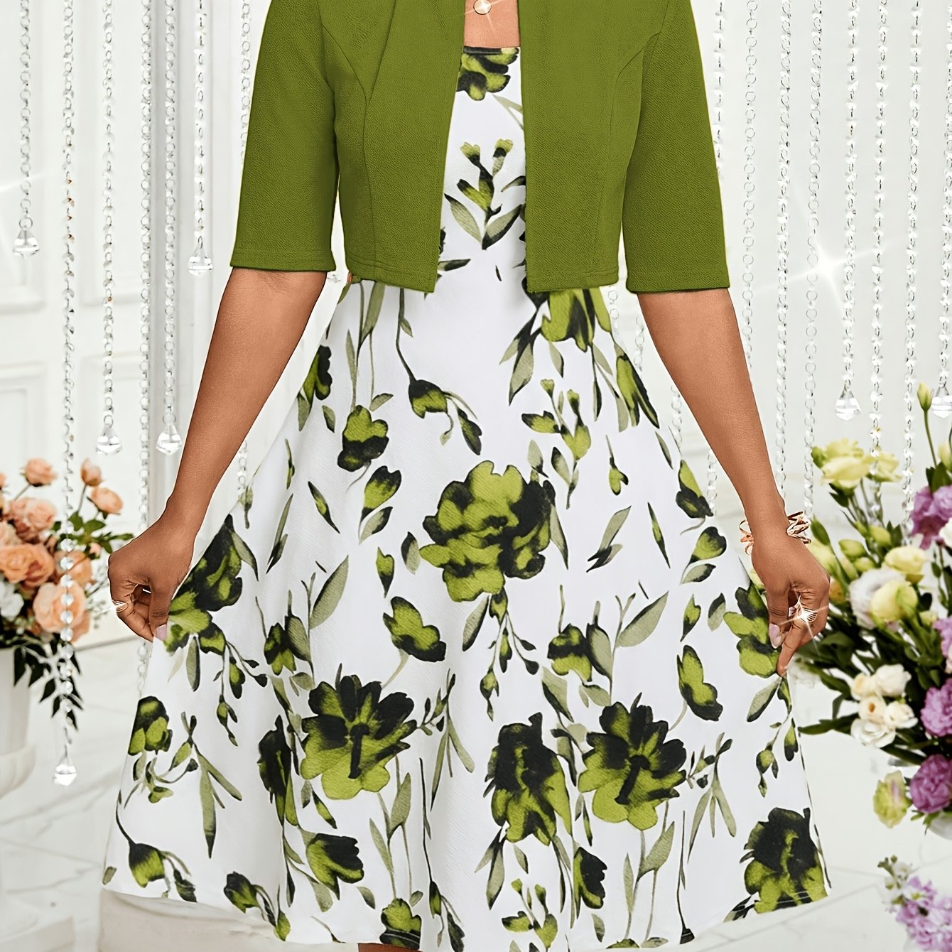 TEMU Women's Green And White Printed Dress And Short Outerwear Set