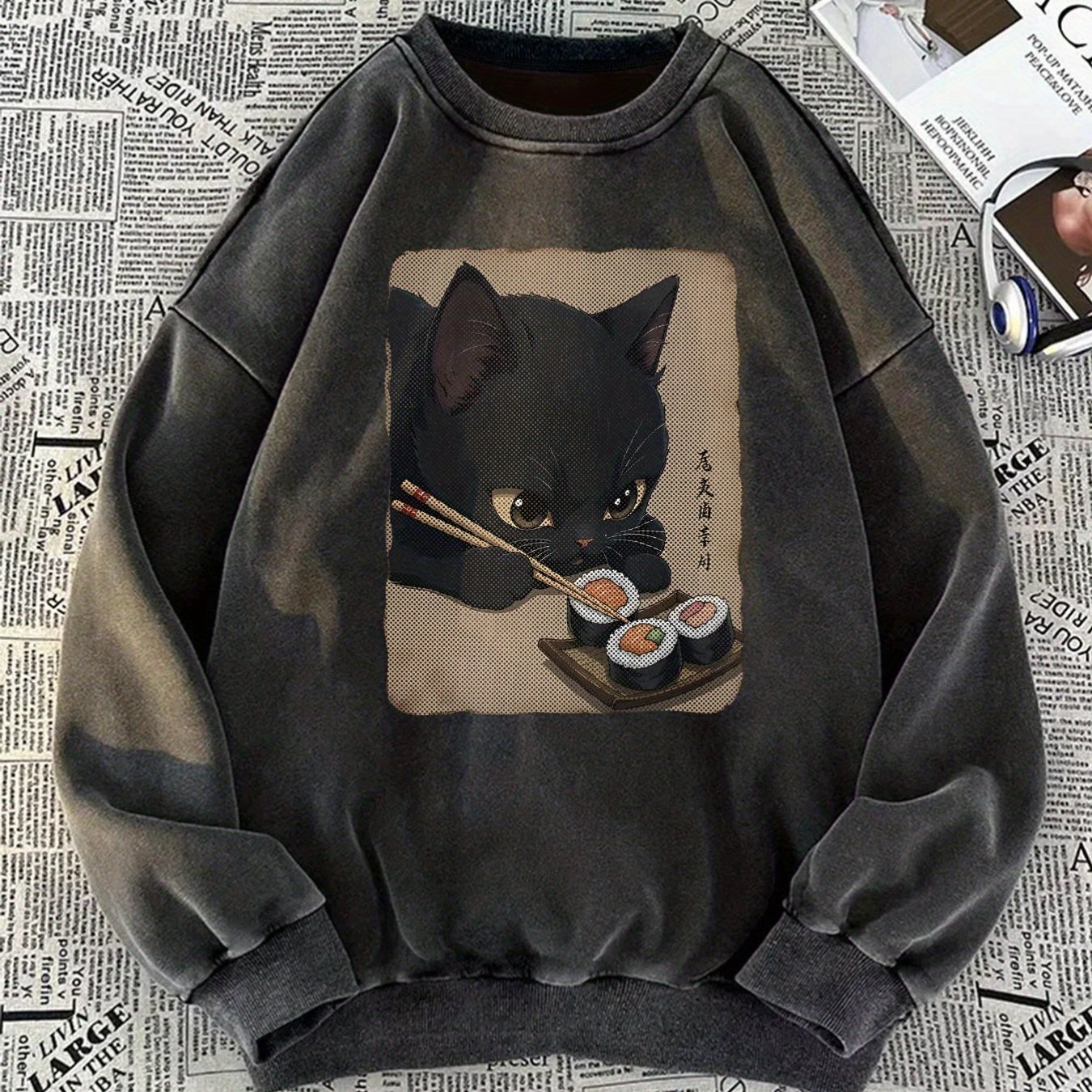 Cat Printed Casual Retro Women's Washed Round Neck Pullover For Autumn And Winter
