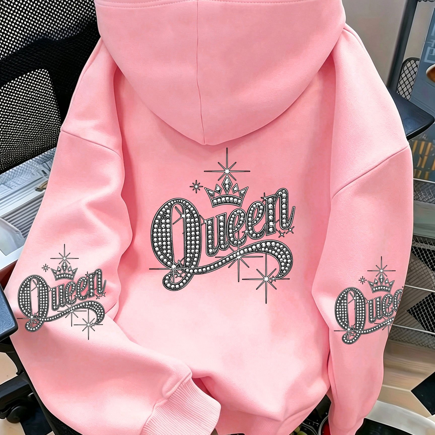 TEMU Autumn Clothing, Winter Clothing, Style Sequined Letter Print Hoodie, Drop Shoulder Loose Fit, With Pockets, Fleece Lined And Thickened, Large