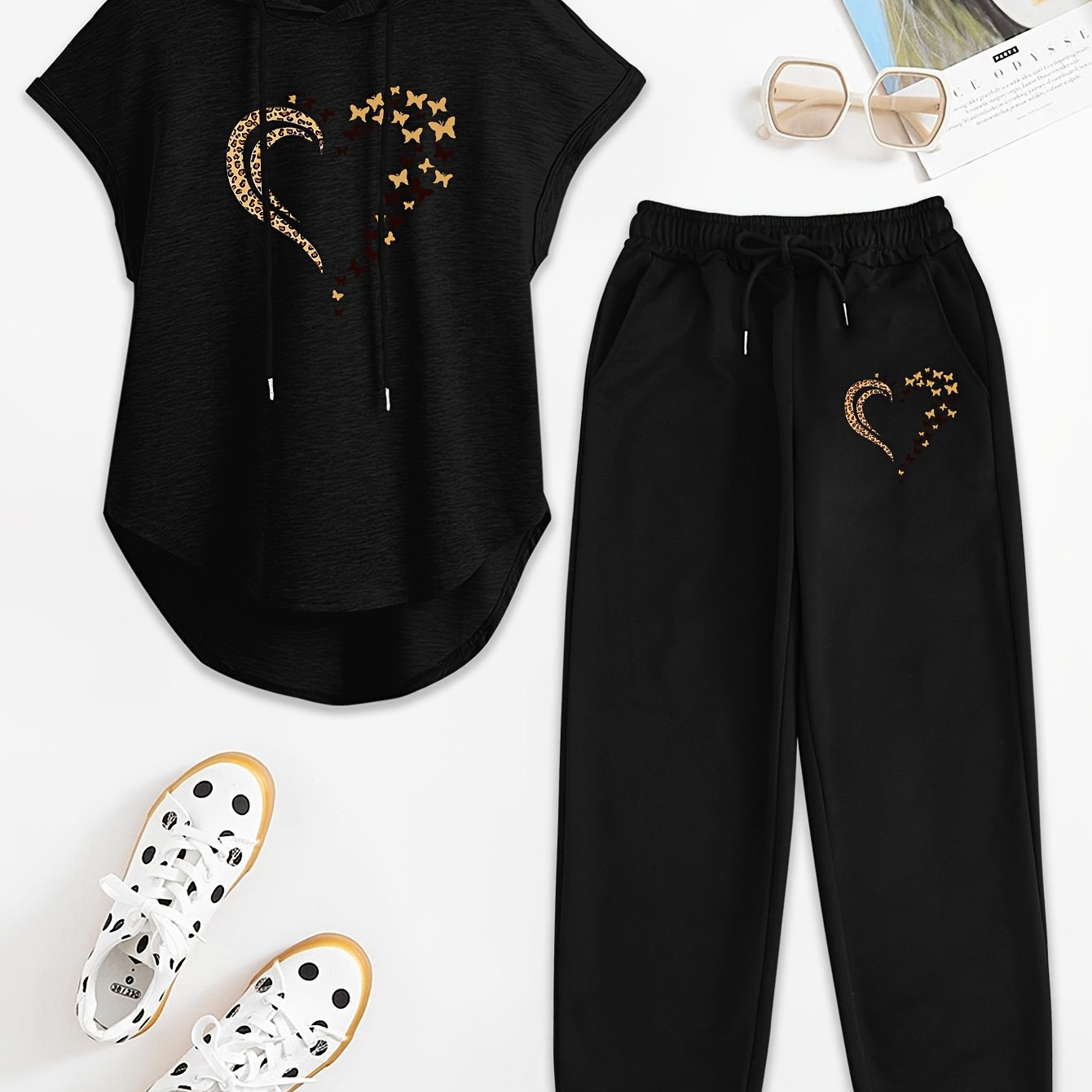 TEMU Damen Zweiteiliges Set mit Kapuzen-Top ohne Ärmel Sommerhose mit Buchstabendruck, Elastische Bundhose, Winter; Weihnachten, Cyber Monday,