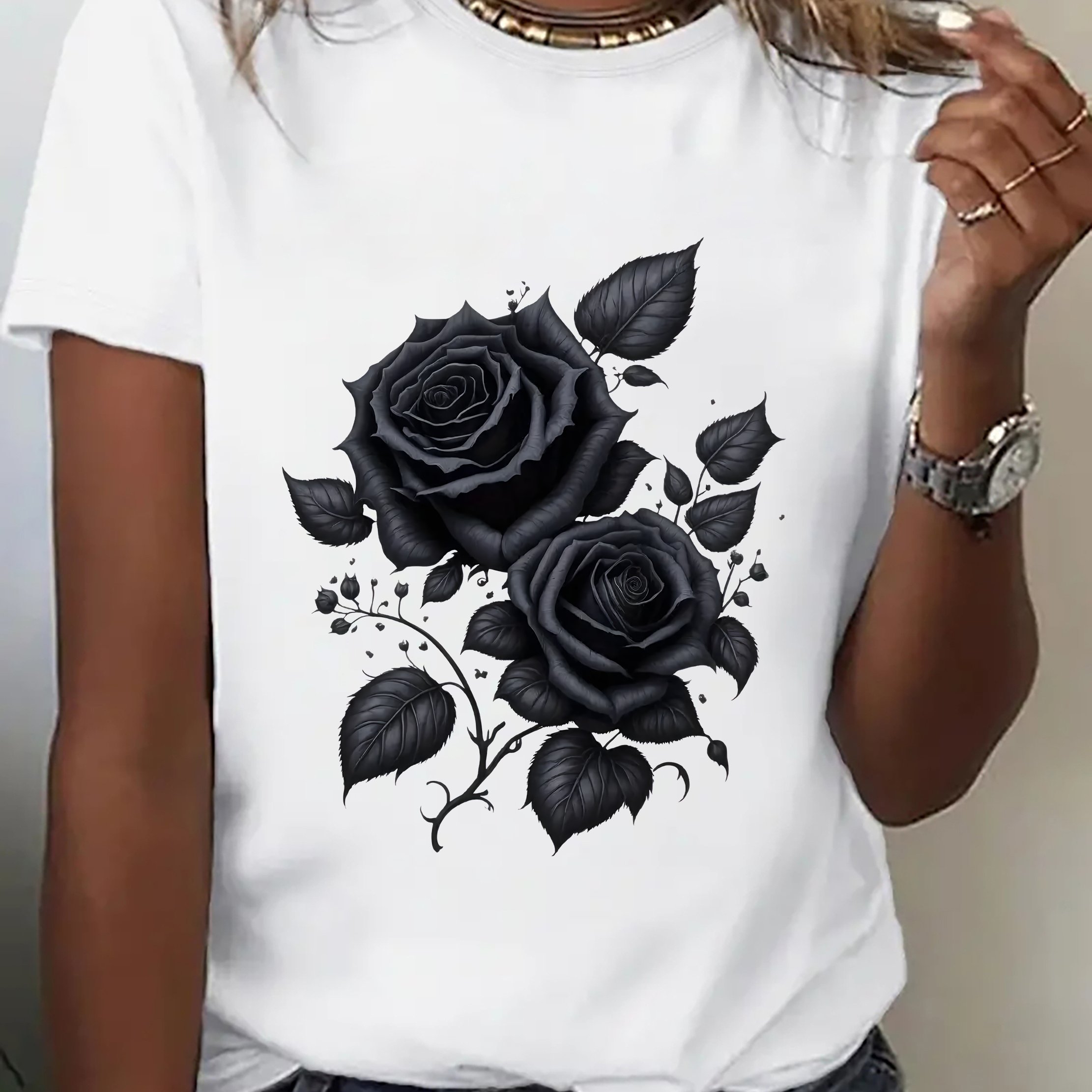 E-shop Ein lustiges Blumen- Botanik-Kurzarmtop – lebendige coole schwarze Rosen – modisches, lässiges Cartoon-Anime-Energie- für Damen, trendiges