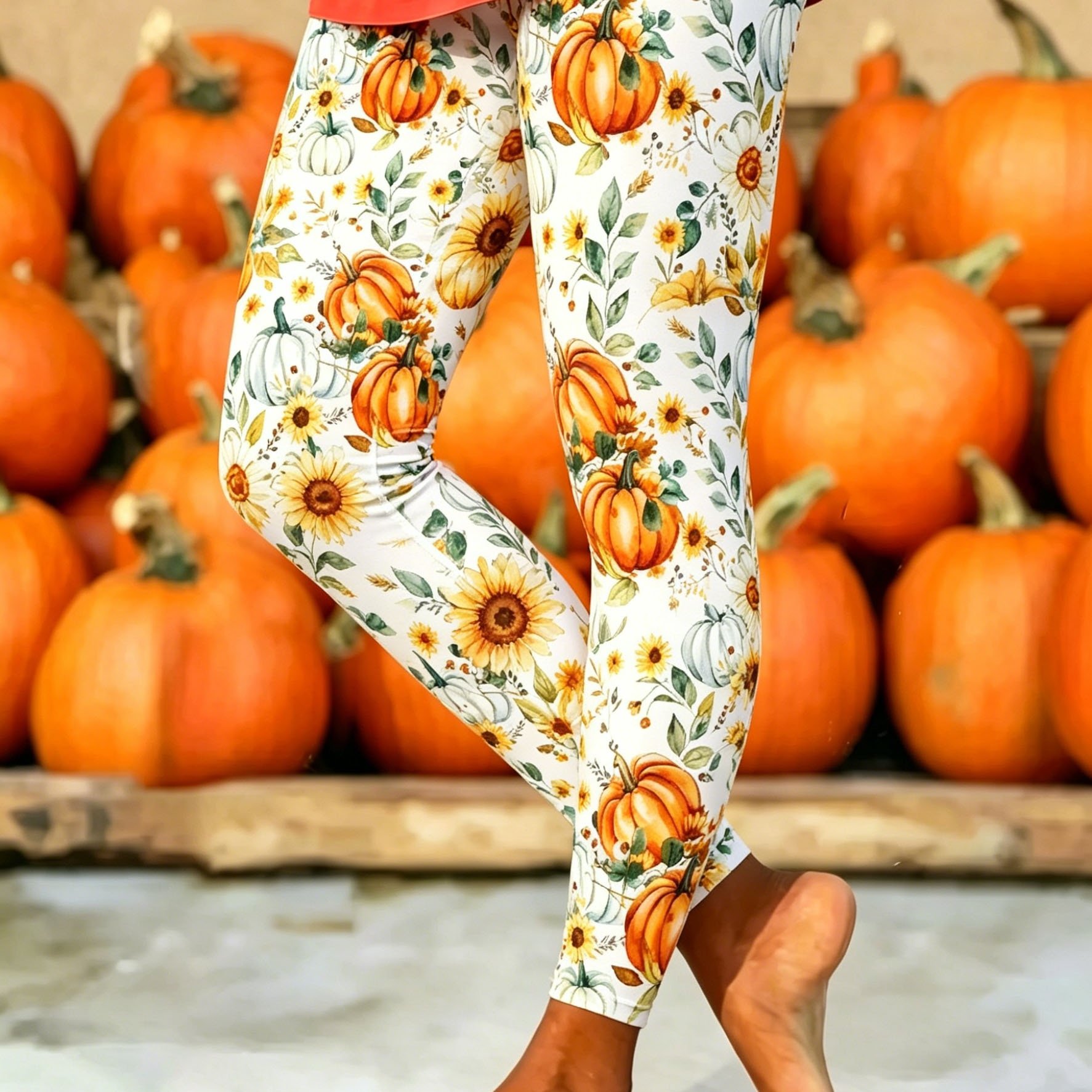 TEMU Halloween Pumpkin And Sunflower Floral Print Printed Leggings, Casual Daily Tights/long Pants