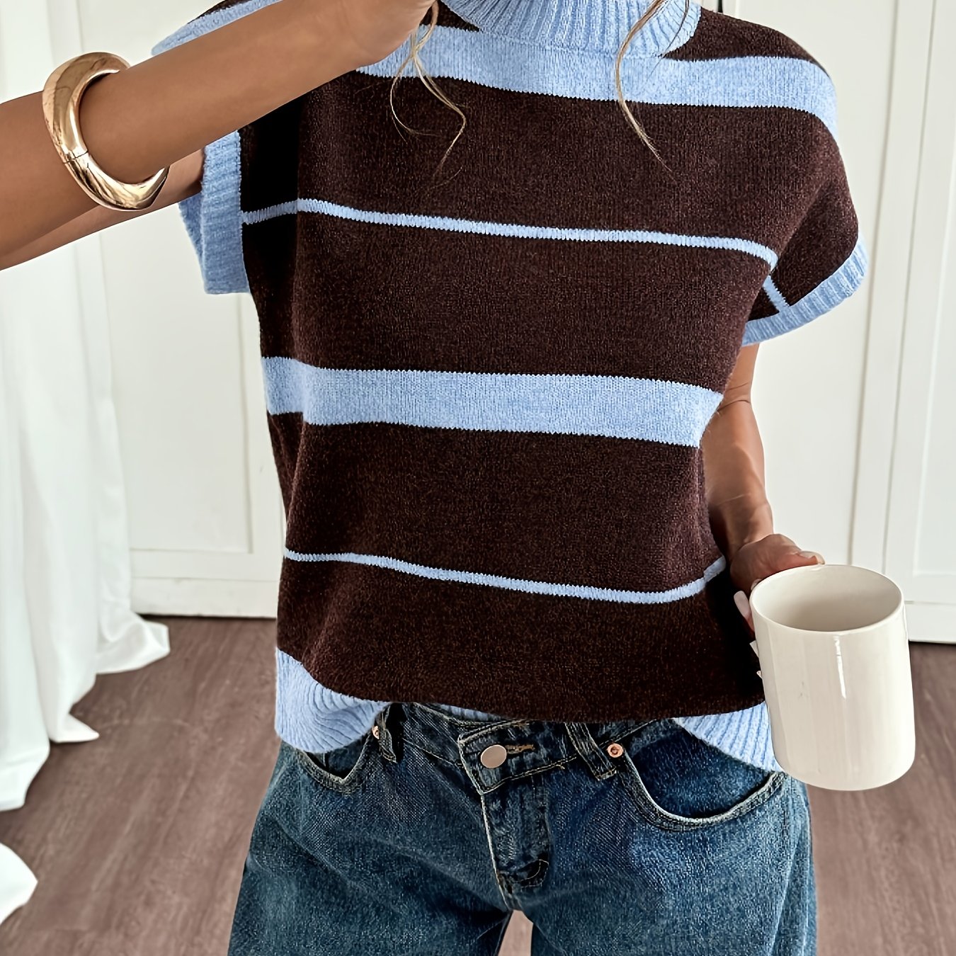 TEMU Qd260203073 Women's Striped Loose Casual Short Sleeve Round Neck Summer Style