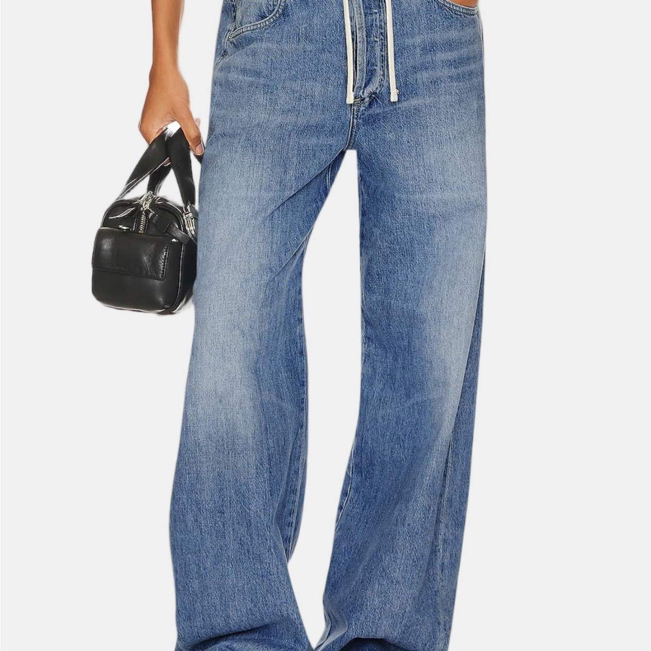 High Waisted Drawstring Wide Leg Denim Pants For Women Baggy Boyfriend Mom Jeans With Pockets